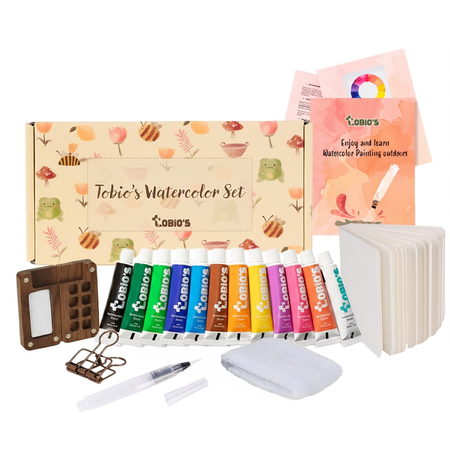 Tobios Mini Wooden Watercolor Paint Set – Compact Travel Art Kit with 12 Colors, Refillable Brush & Sketchbook – Unique Creative Gift for Birthdays, Holidays & Art Lovers