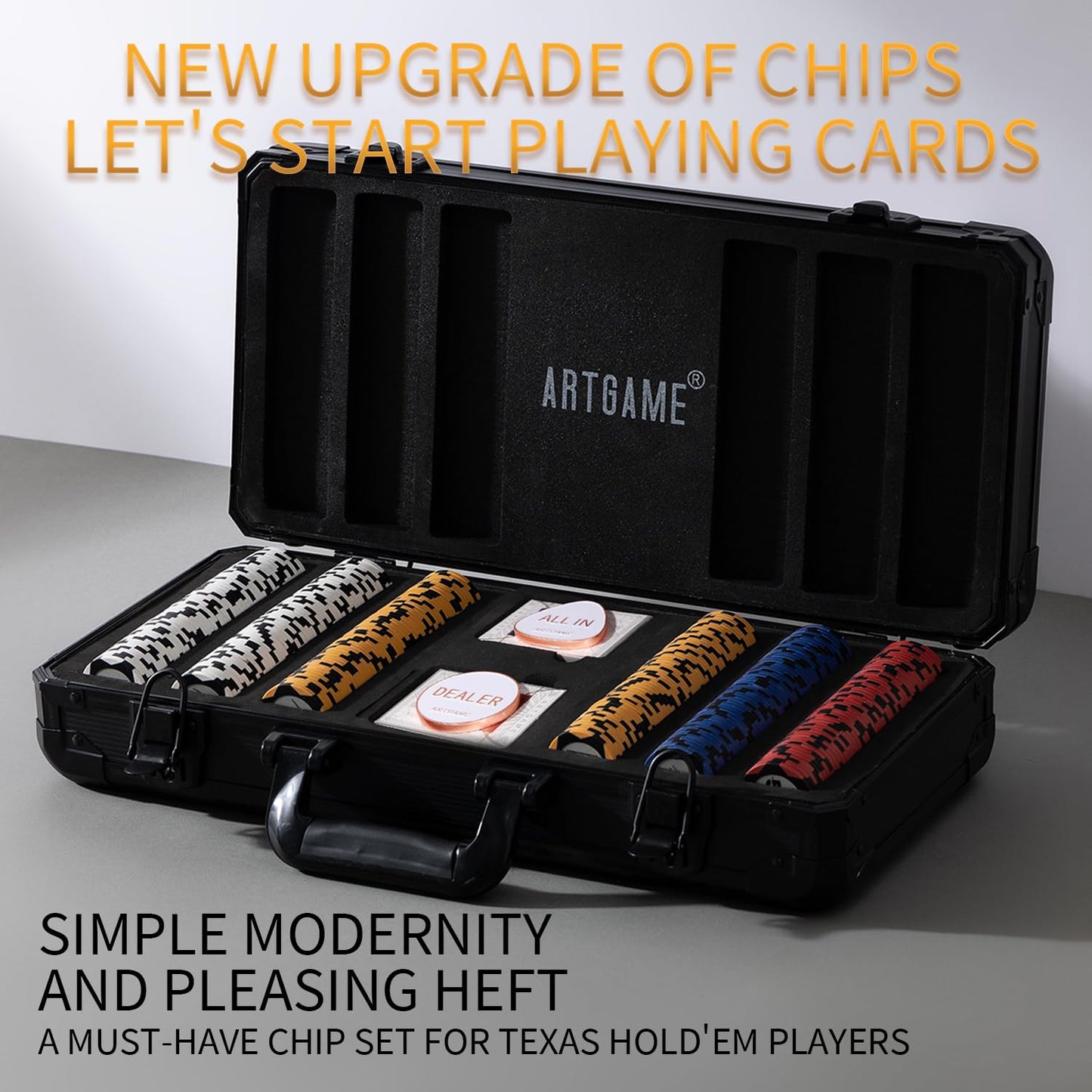 ARTGAME 14 Gram Clay Poker Chip Set for Texas Hold’em, 500Pcs Casino Style Chips, with K-Type Aluminum Case and Dealer Buttons.