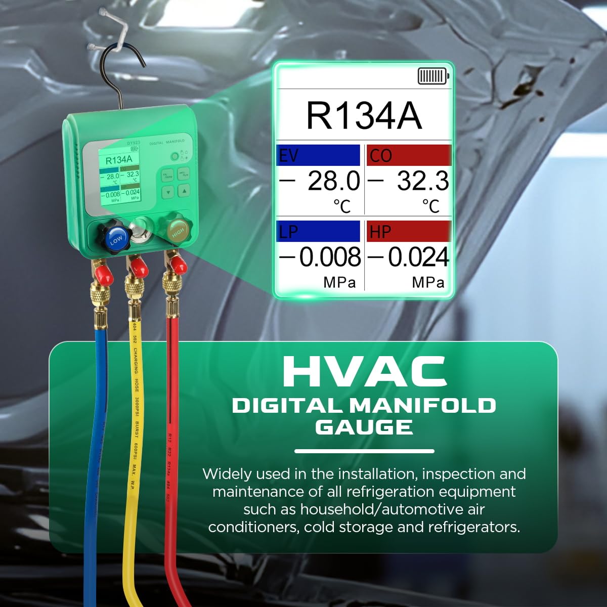 HVAC Gauges, 92 Refrigerant Digital Manifold Gauges HVAC Manifold Gauge Set R134A R410A Gauges AC Gauges Kit with Hose Digital Refrigerant Gauge Pressure Vacuum Test with 2.4" HD Color Display
