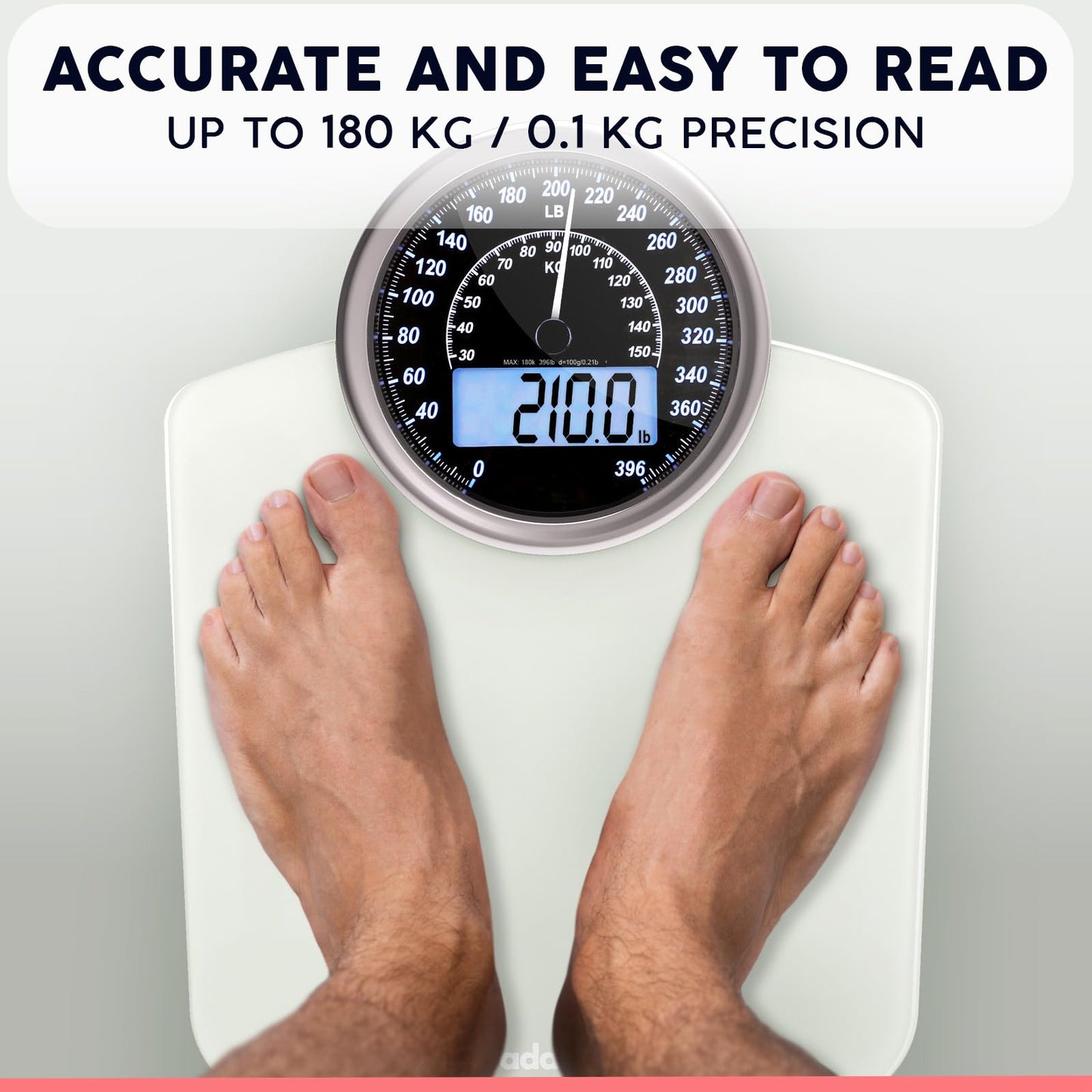 Adamson Hybrid 2-in-1 Analog & Digital Weighing Scale for Body Weight up to 400lbs + Thick Tempered Glass + Extra Large Display + Easy to Read Digital Bathroom Scale + New - White