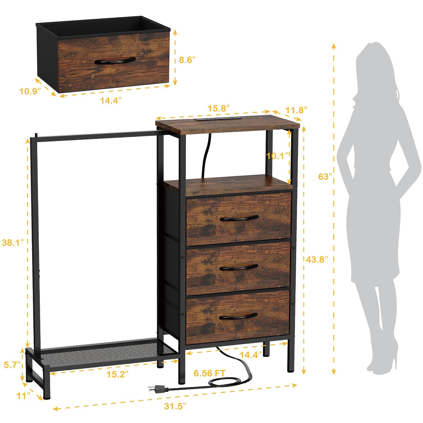 ZHNSYDN Dresser for Bedroom with Hanging Rack, 3 Drawers Closet with Charging Station, Fabric Chest of Drawers with Clothes Rack, Storage Organzier for Hallway Entryway, Brown