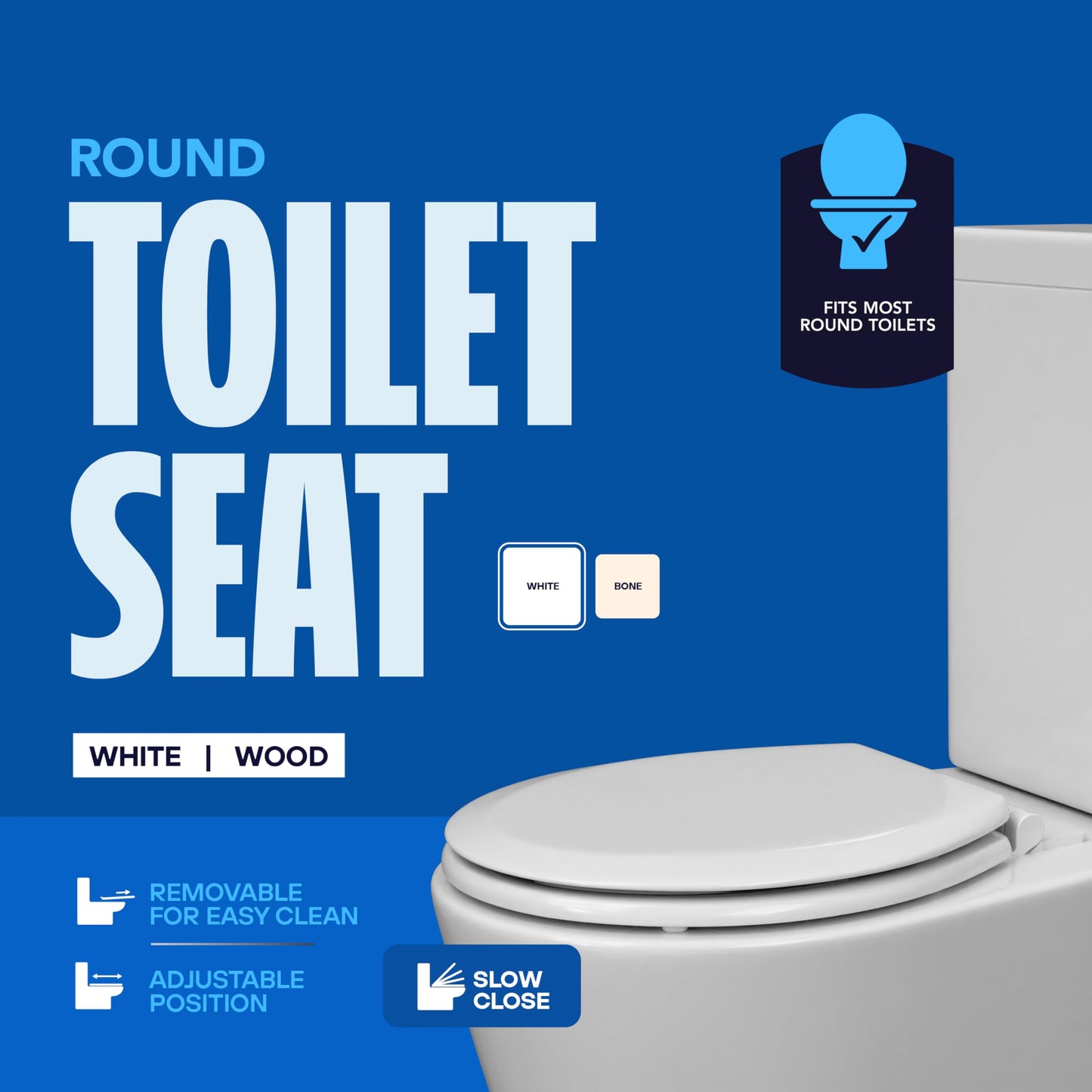 HIGHCRAFT Premium Round Toilet Seat with Slow-Close Design, Adjustable Hinges & Quick Removal Mechanism - Molded Wood Toilet Seat - Fits Standard Round Toilets - Toilet Seat in White