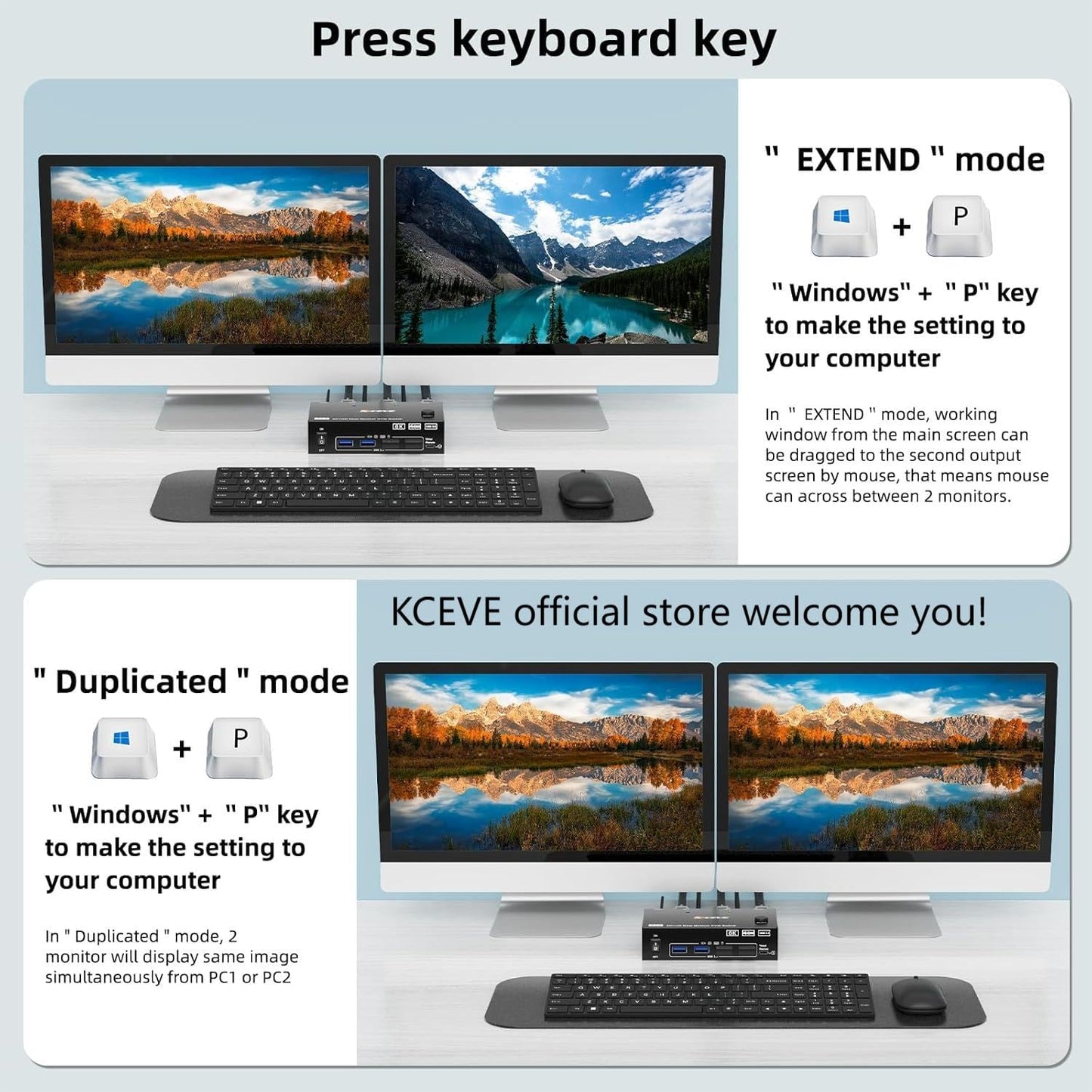 8K KVM Switch 2 Monitors 2 Computers Displayport HDMI, Dual Monitor USB 3.0 DP KVM Switcher Supports 8K@60Hz for 2 Computers Share Keyboard, Mouse and Monitor