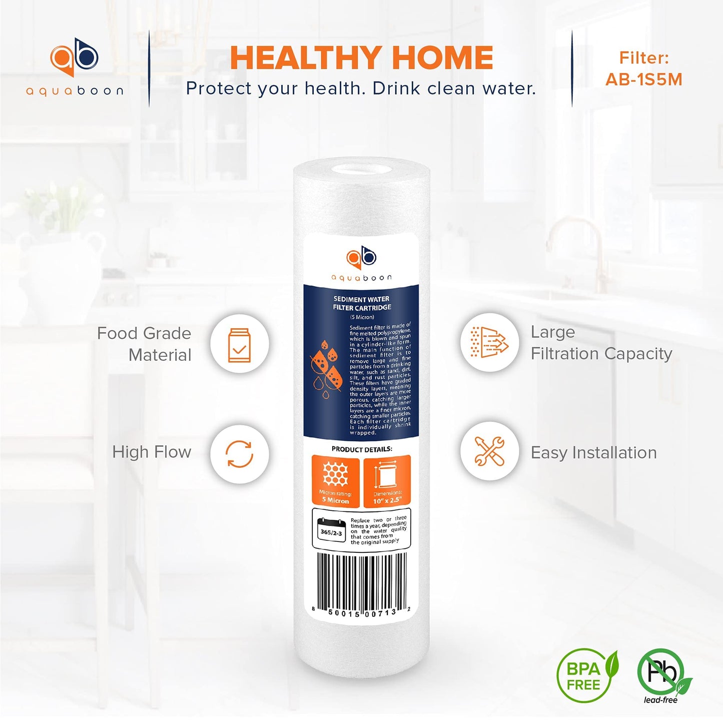 Aquaboon 5 Micron 10 x 2.5 Sediment Filter - Whole House Water Filter Replacement Compatible with Well Water Filters - P5, AP110, WHKF-GD05, 25-Pack