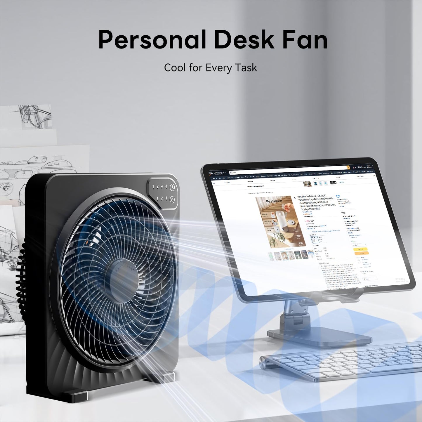 PNTCK 13" Quiet Desk Fan with 3 Speeds, 5 Blades, Powerful Box Fan with Convenient Touch Control, 15h Timer, Portable Cooling Fan Table Fan for Bedroom Home, Office, Kitchen