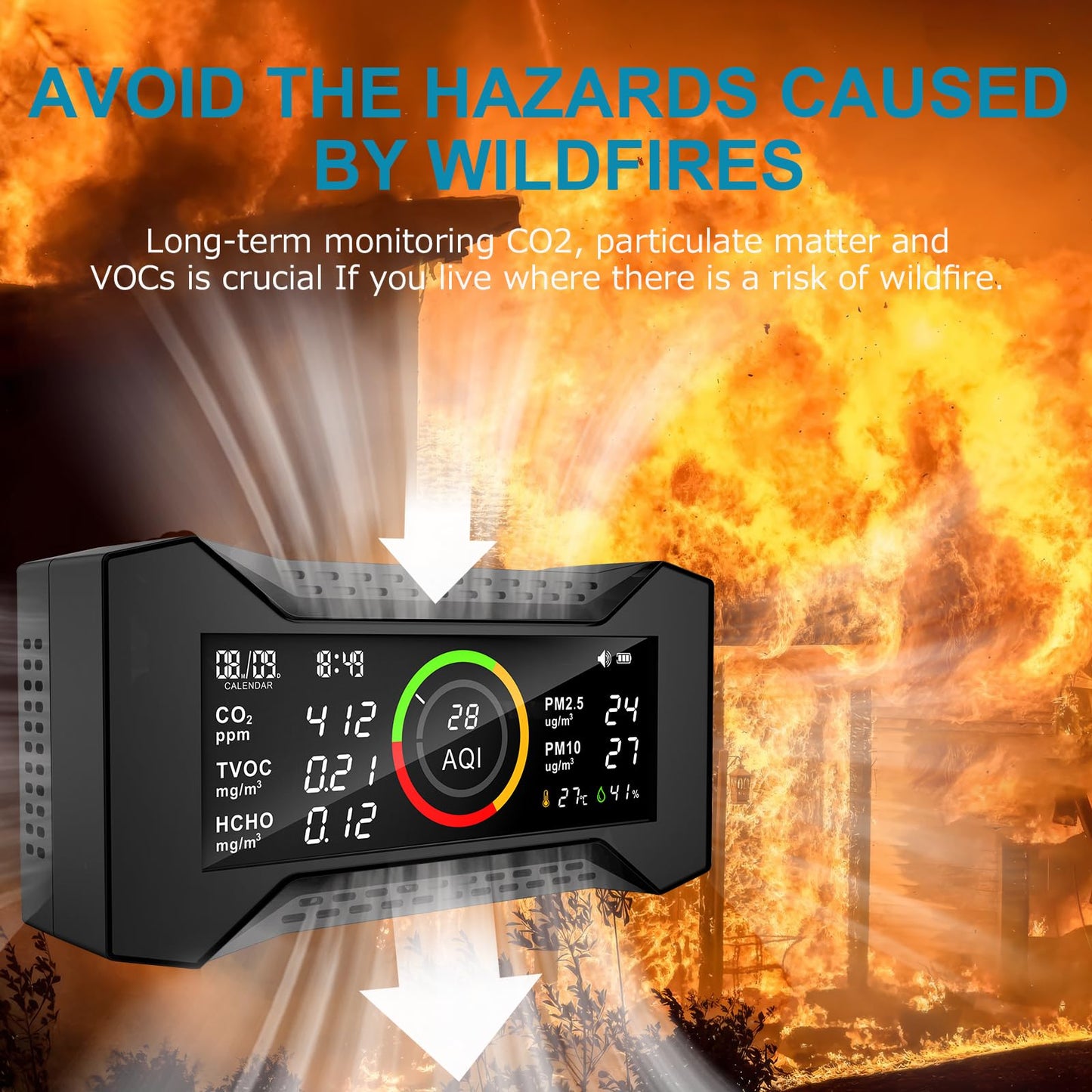 Air Quality Monitor Indoor, Simbow CF-20 DL 7-in-1 Wildfire Monitor Detect (PM2.5, PM10, CO2, VOC, Formaldehyde, Humidity, Temp) Free Data Export, Air Quality Meter for Home Office School