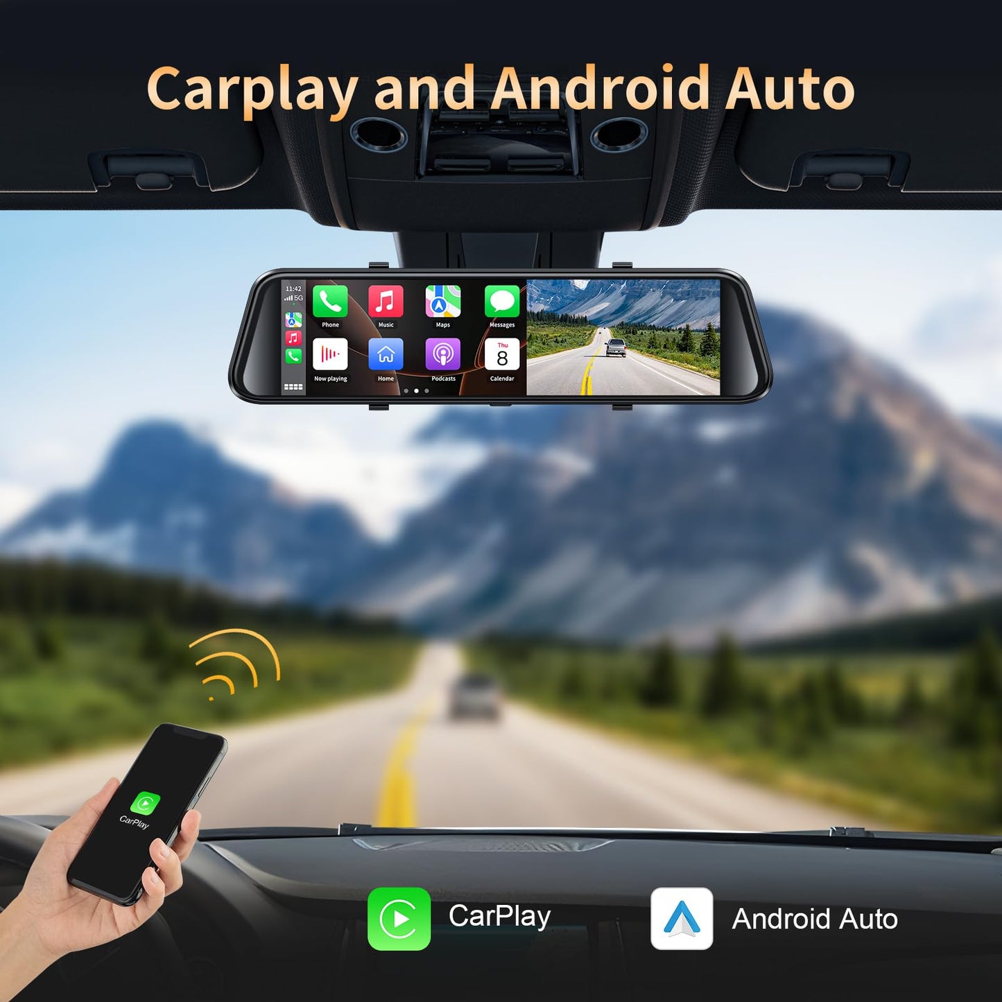 2.5K Mirror Dash Cam with Carplay Mirror & Android Auto, Dash Cam Front and Rear with Zoom Function,12 inches Rear View Mirror Camera with Voice Control/BT Call/64GB Card Included-JOMISE K17 Pro