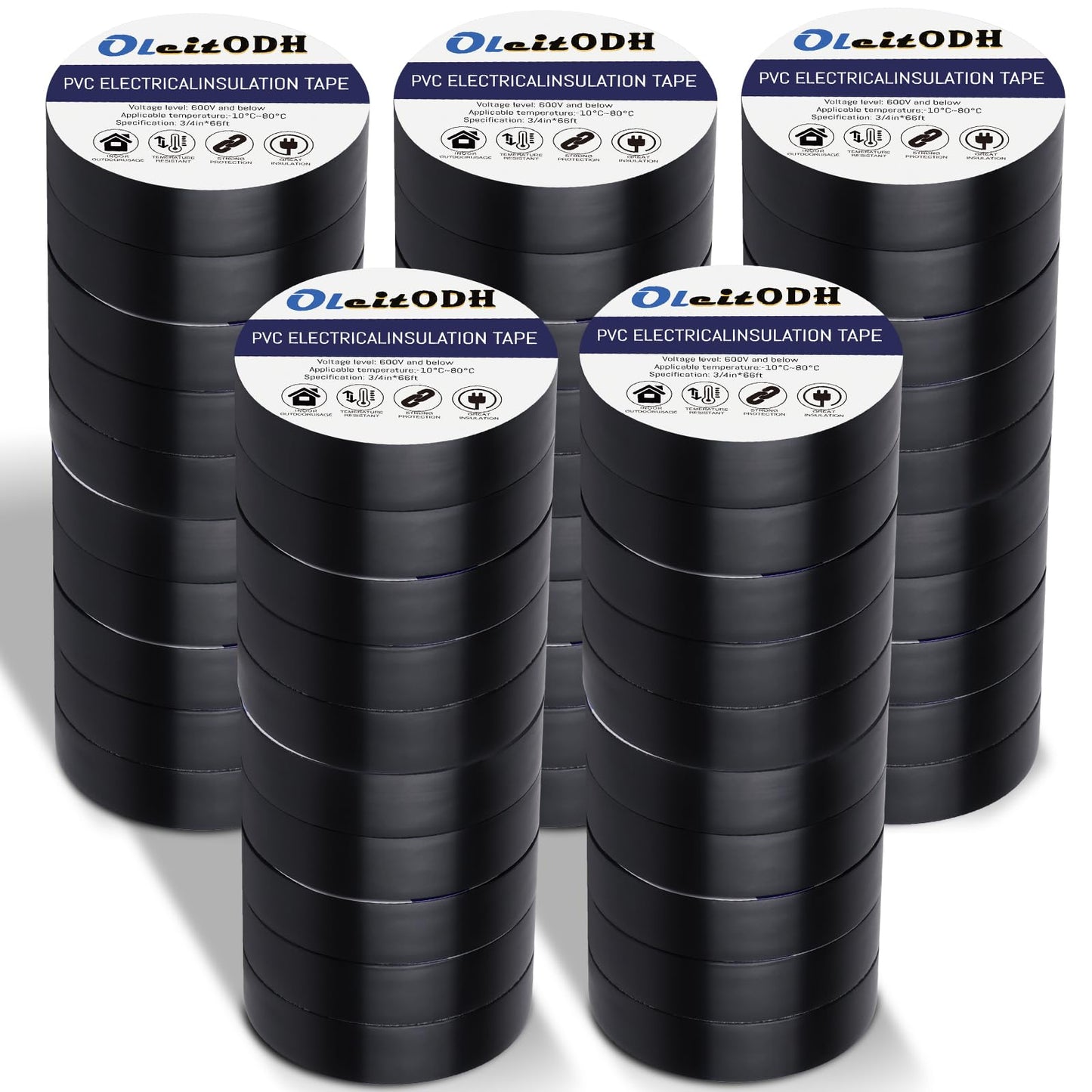 50 Pack Black Electrical Tape 3/4 in x 66 ft Waterproof Vinyl Electrical Insulating Tape High Temperature Resistance Electric Tape Under 600V Home Outdoor Multipurpose