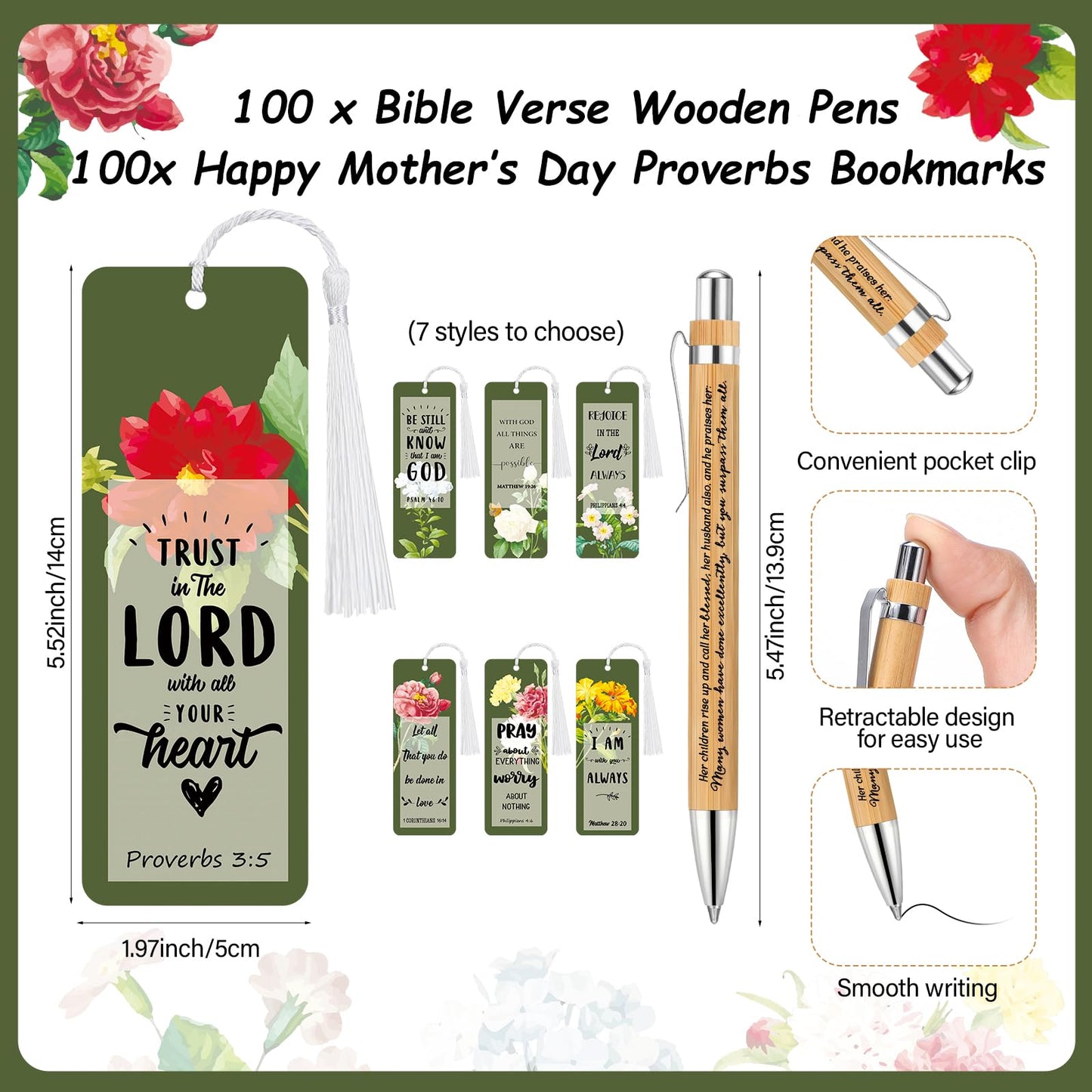 Spakon 100 Sets Mother's Day Church Gifts Bible Verse Bookmarks Inspirational Bamboo Pens Gift Bags Mom Christian Gifts Bulk Religious Mothers Day Party Favors