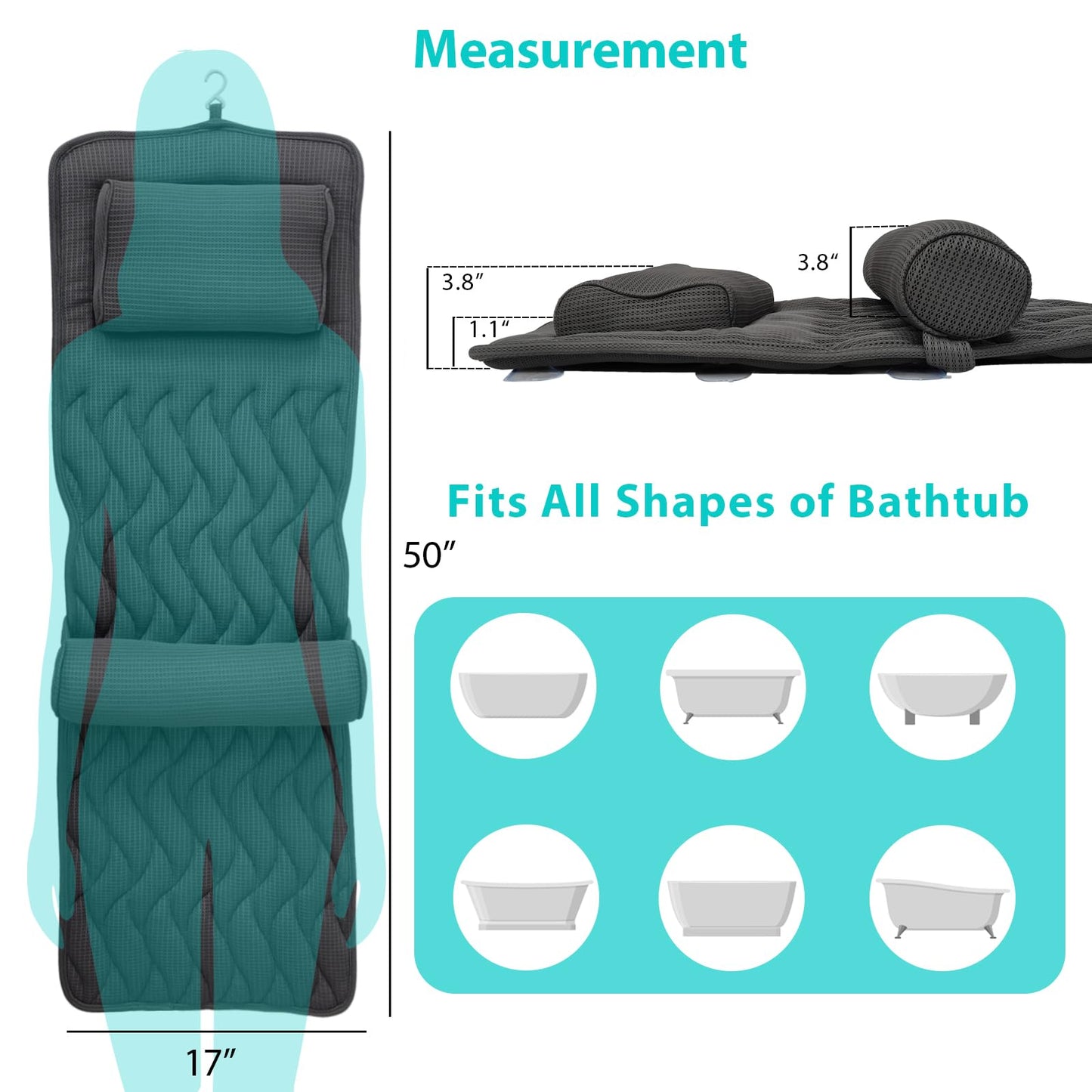 AEROiVi Full Body Bath Pillow with Adjustable Lumbar Roll Pillow Bathtub Cushion with 14 Suction Cups 3D Air Mesh Fit Any Tub Gray Bathroom Accessories