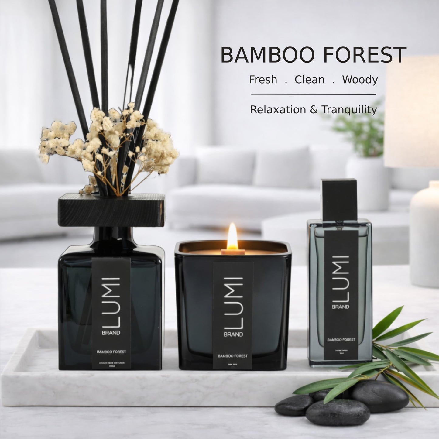 Luxury Aroma Gift Set | Bamboo Forest - Reed Diffuser (200ml), Wood Wick Soy Candle (200g), Room Spray (50ml) | Includes Dried Flowers & 8 Reeds | Luxurious Home Fragrance for Home Décor & Gifts