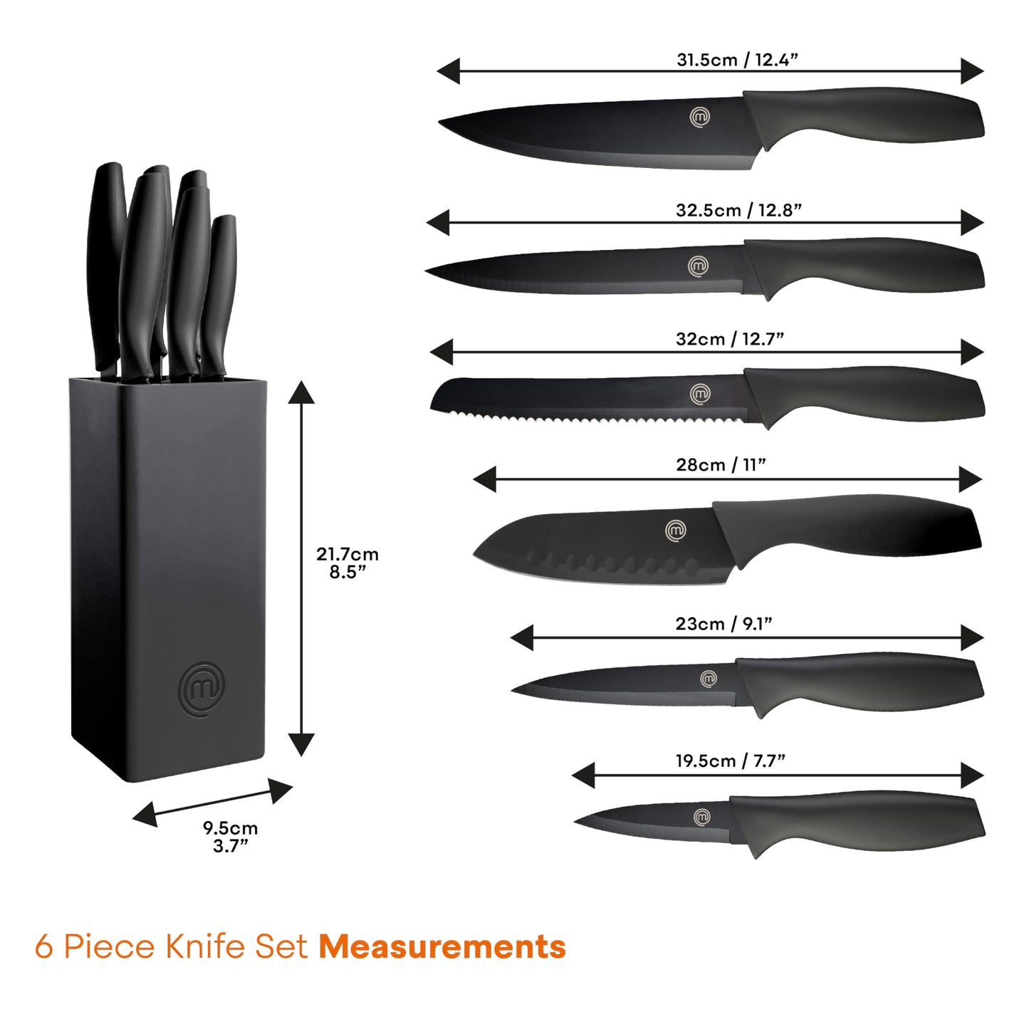 MasterChef Knife Set with Block, 6 Kitchen Knives and a Universal Knife Holder, Extra Sharp Stainless Steel Blades for Precise Cutting with Non Stick Coating & Soft Touch Easy Grip Handles, Black