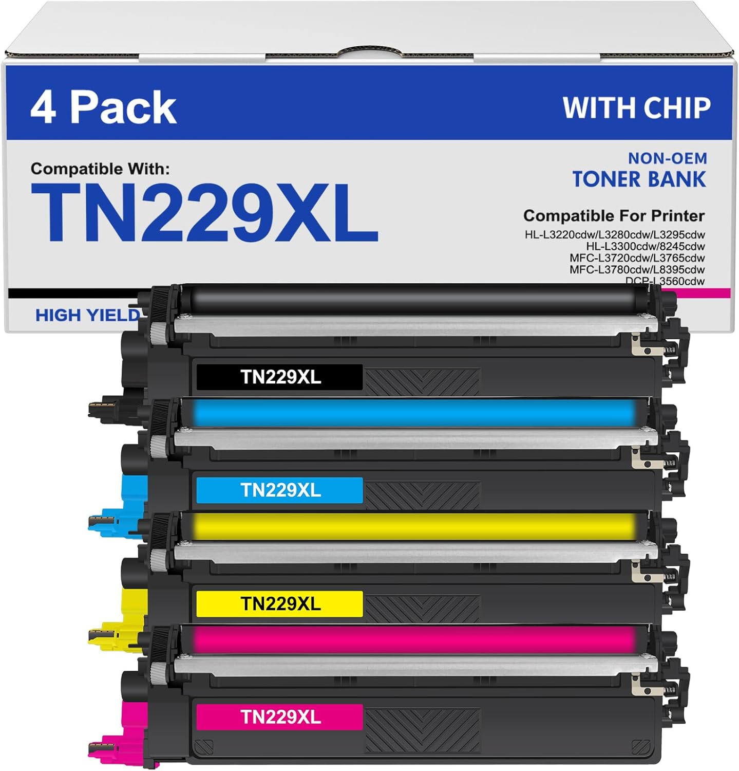 TN229XL TN229 Toner Cartridges 4 Pack MFC-L3780CDW MFC-L3720CDW Compatible for Brother TN229 TN229XL HL-L3280CDW HL-L3220CDW HL-L3300CDW HL-L3295CDW Printer TN 229XL TN-229XLBK/C/M/Y High Yield