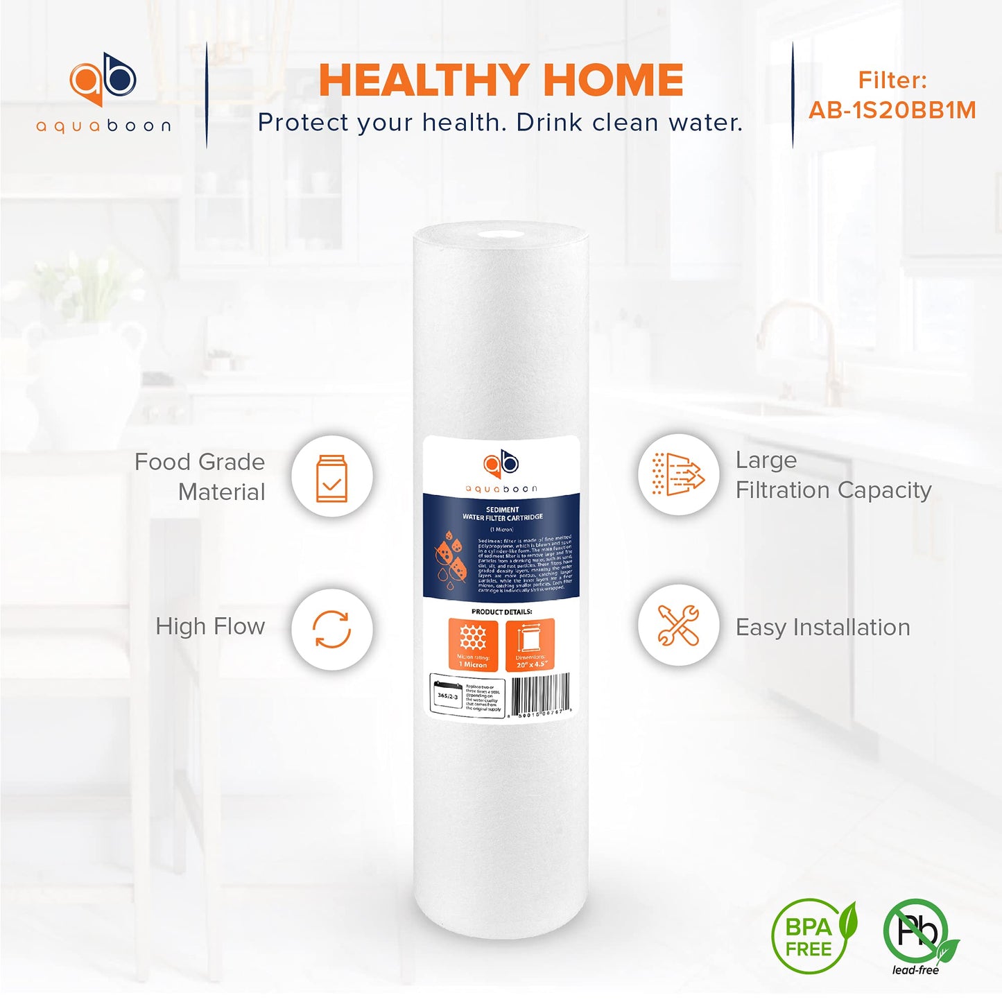 Aquaboon 1 Micron 20" Sediment Water Filter Replacement Cartridge | Whole House Sediment Filtration | Compatible with AP810-2, SDC-45-2005, FPMB5-20, P5-20, FP25B, 155358-43, 2 Pack