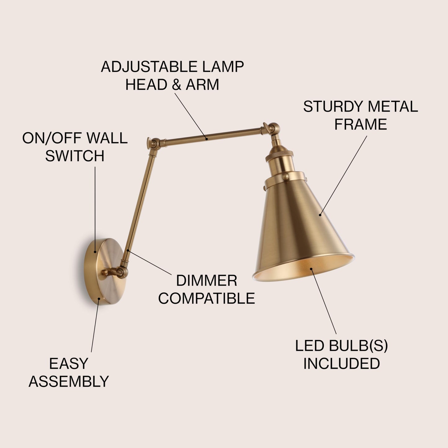 JONATHAN Y JYL7461A Rover 7" Farmhouse Industrial Adjustable Arm Metal LED Wall Sconce Rustic Bohemian 2700K LED 4W Bulb for Entryway Lobby Kitchen Bathroom Bedroom Living Room Hallway, Brass Gold