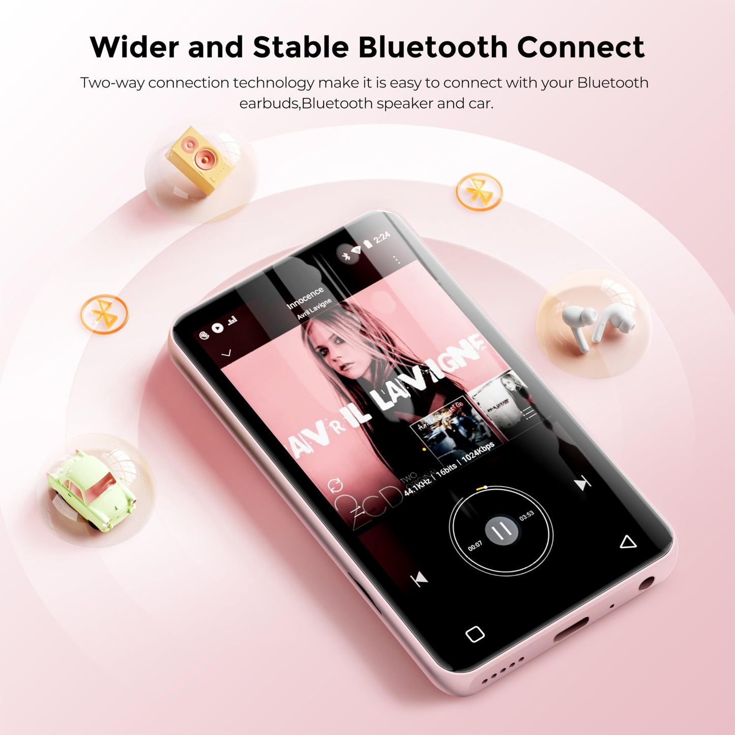160GB MP3 Player with Bluetooth and WiFi, innioasis Music Player with Spotify,Pandora,Amazon Music,4" Touch Screen Android MP4 MP3 Player for Kids with Libby,Audible,Spotify Kids (White+Pink)