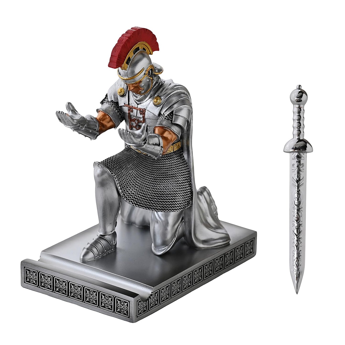 CYXStar Roman Praetorian Prefect Warrior Knight Pen Holder Desk Ornament Resin Praetorian Guard Mobile Phone Stand Desk Accessories and Organizer For Office with a Letter Opener (Silver)