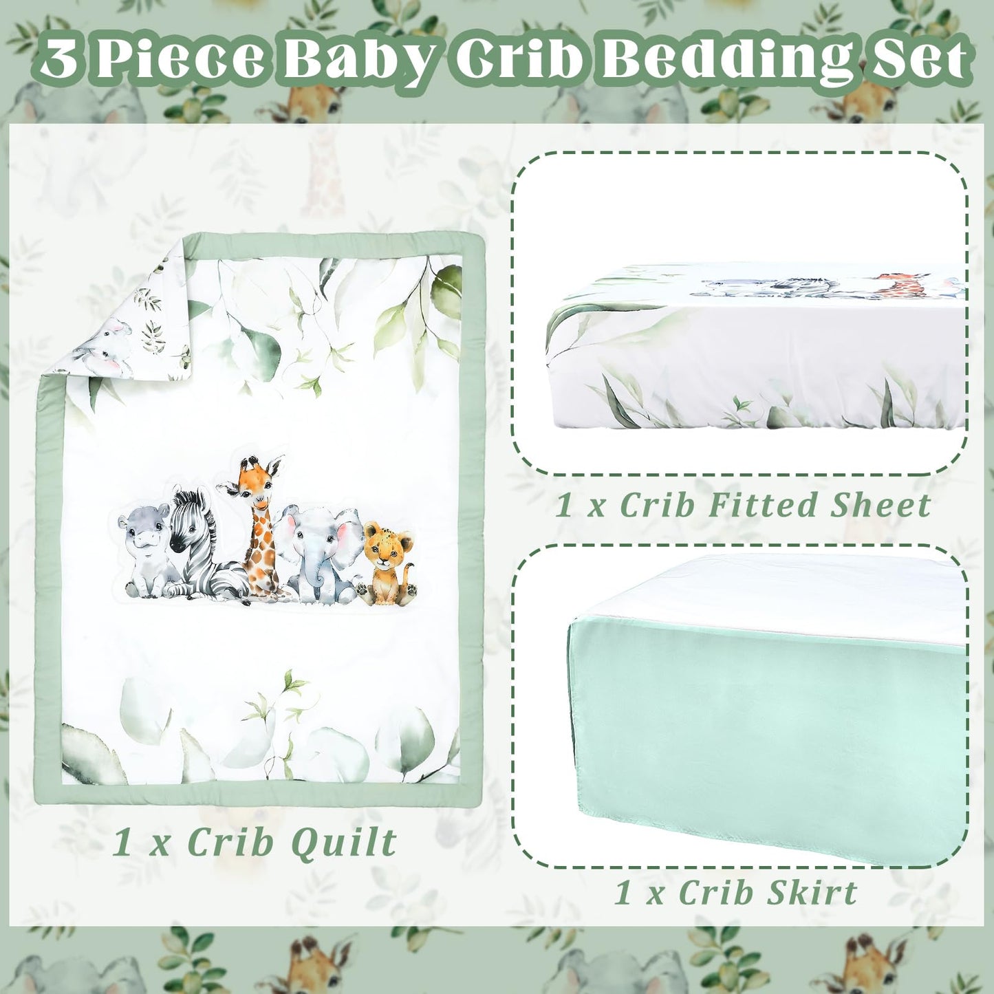 Hahafelt 3 Pcs Baby Crib Bedding Set Safari Animals Dinosaurs Bear Woodland Animals Jungle Crib Set Includes Quilt, Fitted Sheet, Skirt for Baby Boy Girl(Light Blue,Safari)