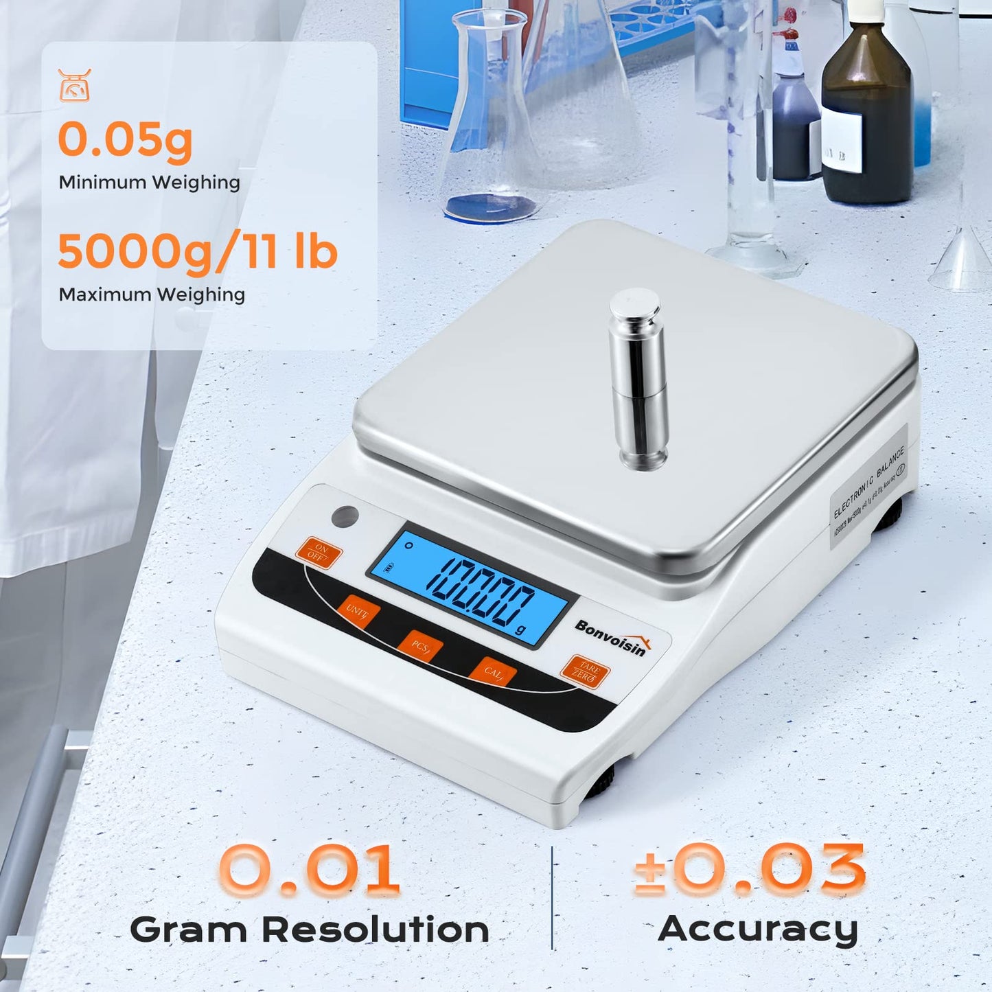 Bonvoisin Lab Scale 5000g/0.01g High Precision Laboratory Scientific Scale 0.01 Gram Accuracy Electronic Analytical Balance Digital Kitchen Jewelry Scale (5000g, 0.01g)