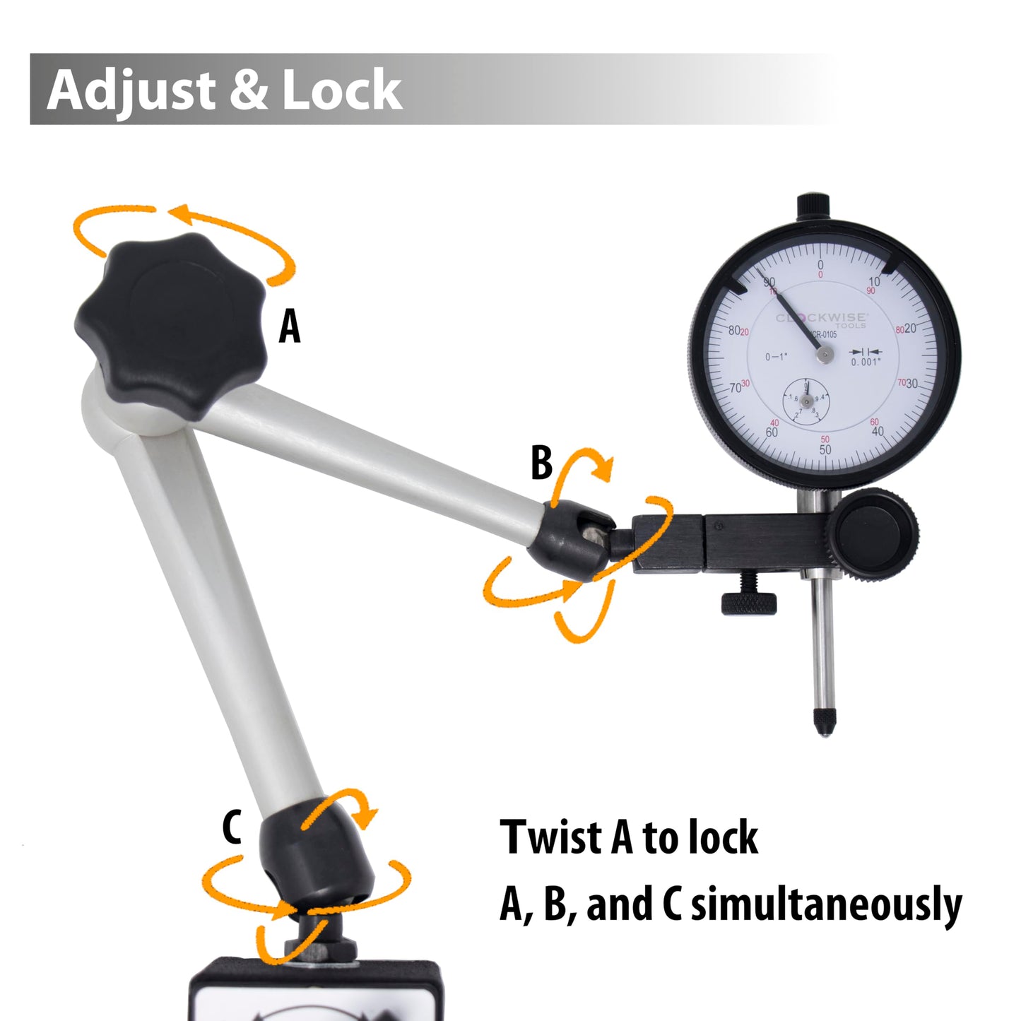 Clockwise Tools Dial Indicator with Magnetic Base Holder Stand, DIMR-0105 0-1 inch