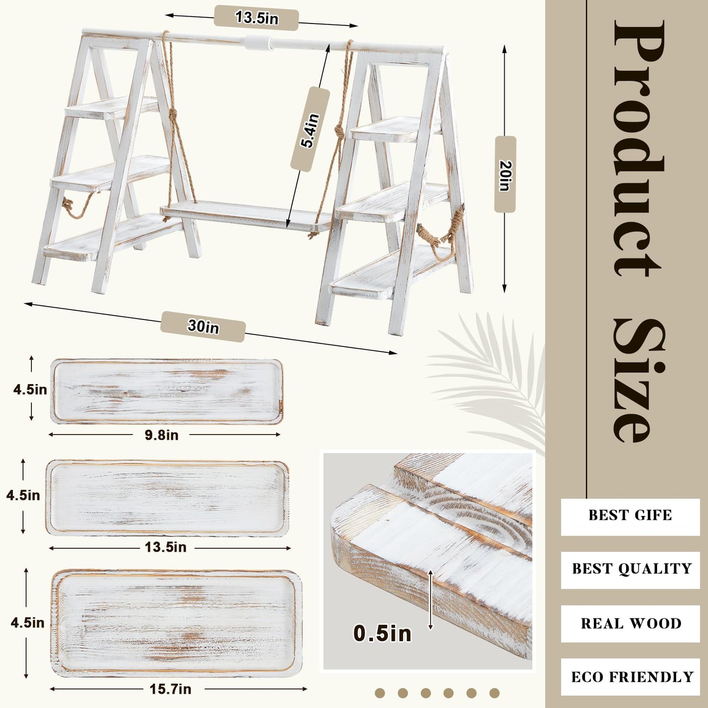 Wooden 3 Tier Swing Cupcake Stand with Serving Platter 20x30 Foldable Ladder Stand Dessert Display Cake Snack Fruit Bread Centerpieces for Party, Birthday, Wedding, Baby Shower(Rustic White)