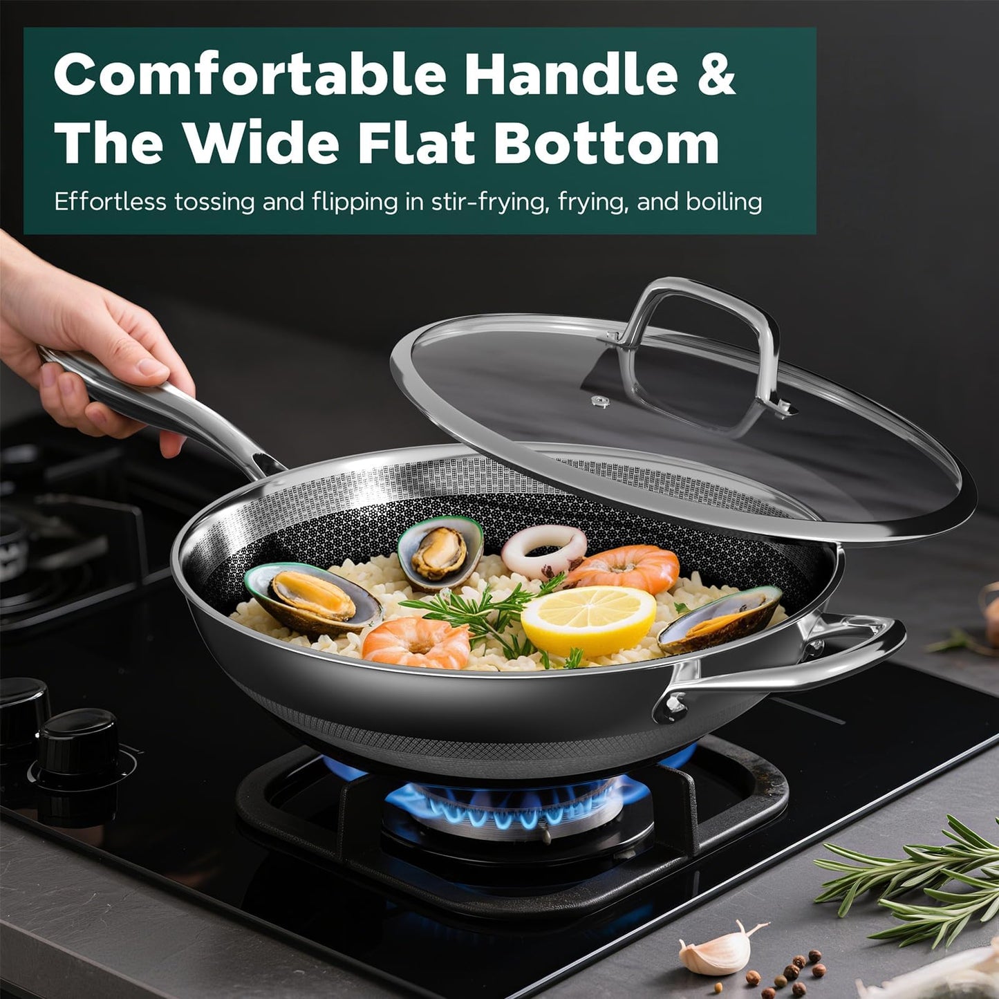 Wok Pan, 13-Inch Stainless Steel Woks & Stir-Fry Pans Nonstick, Wok Pan with Lid for Induction, Hybrid,Electric, Gas, Halogen, All Stoves, Professional PFOA Free Cookware, Dishwasher & Fast Heat