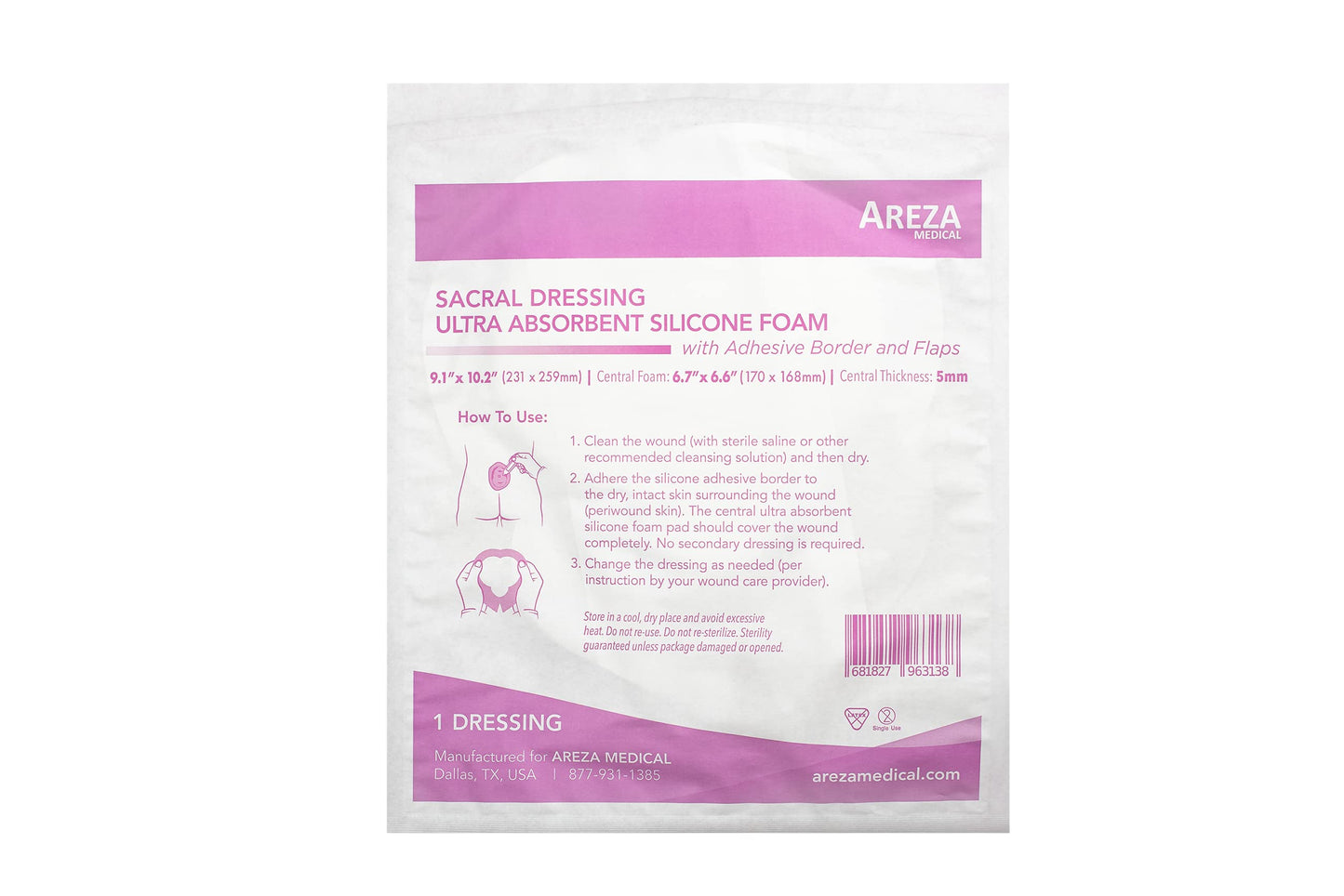 Areza Medical - Silicone Foam with Super-Absorbent Layer - Wound Dressing - Waterproof - with Adhesive Border - Sterile - Designed for Sacral Wounds - 9.1" x 10.2" - 10 PCS per Box - FSA/HSA Approved