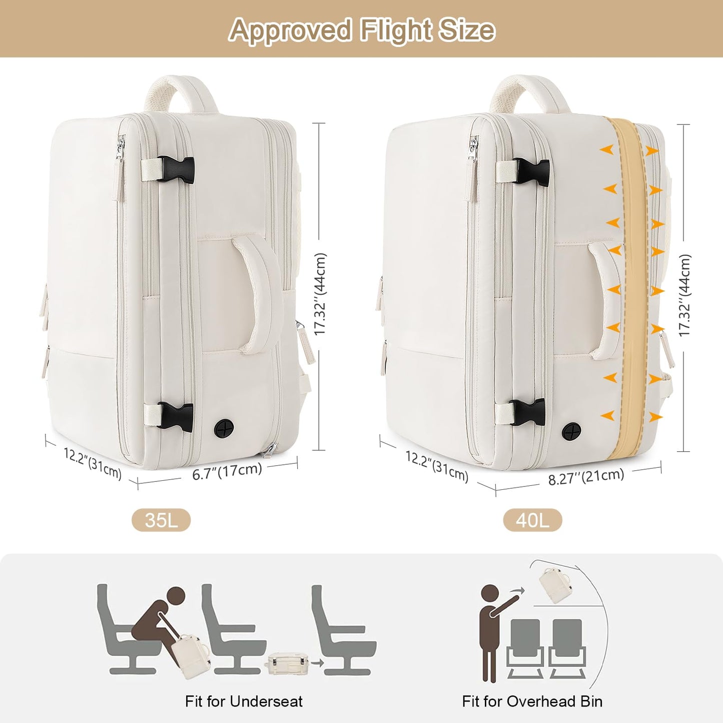 Sinaliy Travel Backpack for Women, Expandable 40L Carry on Flight Approved Backpack, 17 Inch Laptop Waterproof Travel Bag for College, Travel, Work, Beige