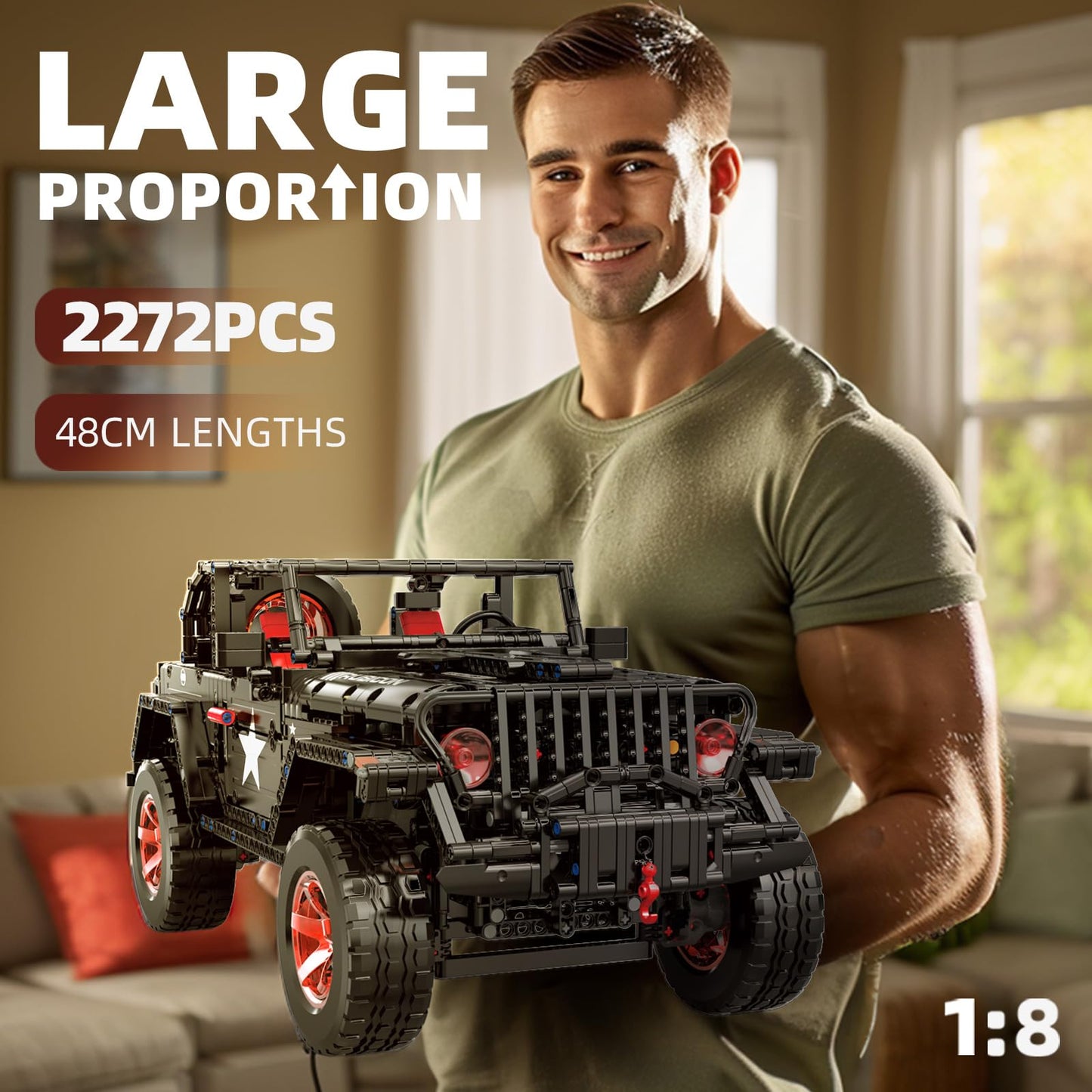 RC Off-Road SUV Wrangler Black Warrior Building Kits, 1/8 Scale Pickup Truck Car with Remote Control Lights, Challenge Building Blocks Gift for Technical Enthusiasts Adults & Teens Age 14+ (2272PCS)