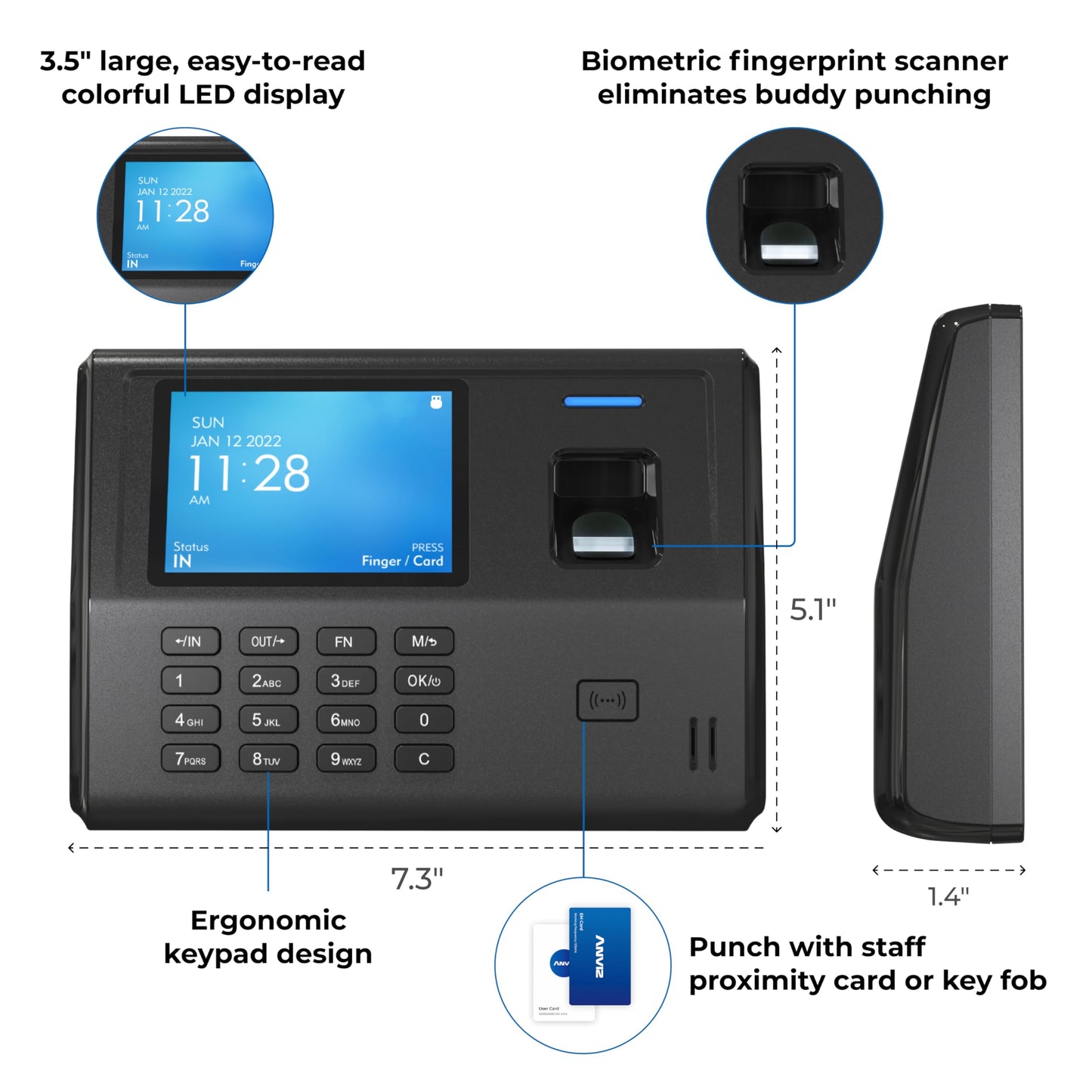 ANVIZ Time Clocks for Small Business Employees - No Software Required - Fingerprint Biometric Clock in and Out Machine - Right Out of The Box, Finger + RFID + Pin Punching