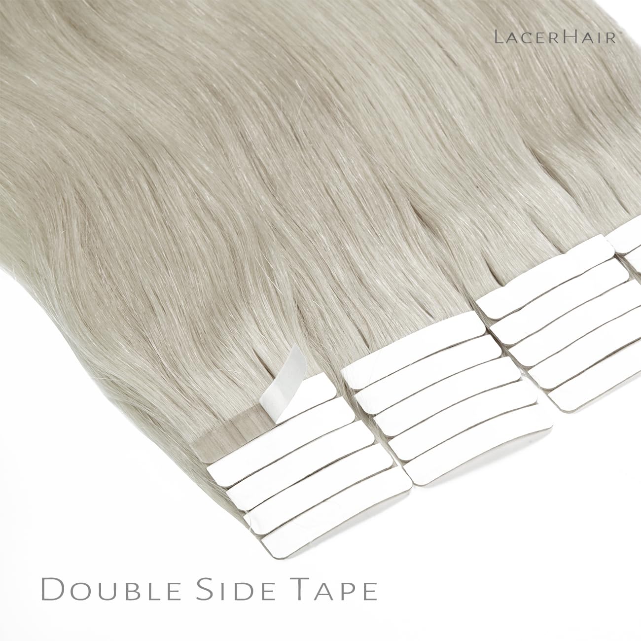Lacer Tape in Hair Extensions Silky Straight Silver Grey Adhesive Tape in Hair Extensions 100 Percent Remy Human Hair Soft Glue in Brazilian Hair Extensions 20 Pcs 50 Grams 22 Inch