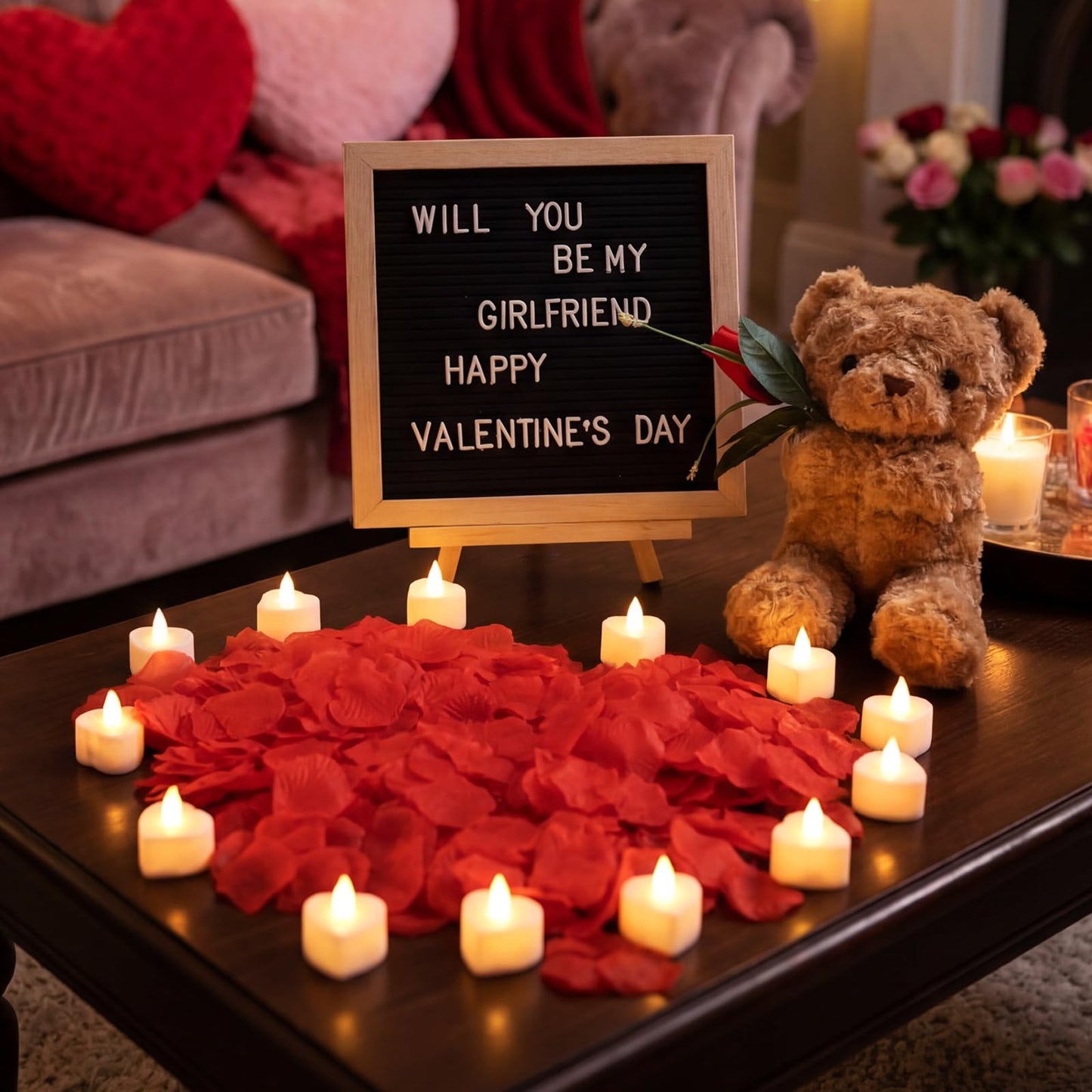 Ceenna Will You Be My Girlfriend Romantic Sign with LED Candles and Artificial Rose Petals, Bear Stuffed Animal Gift with Rose DIY Felt Letter Board Sign for Surprise(Red)