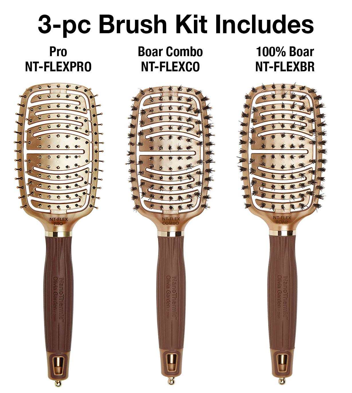 Olivia Garden NanoThermic Ceramic + Ion Flex Hair Brush kit contains NT-FLEXPRO NT-FLEXBR, NT-FLEXCO (3-Piece Box)