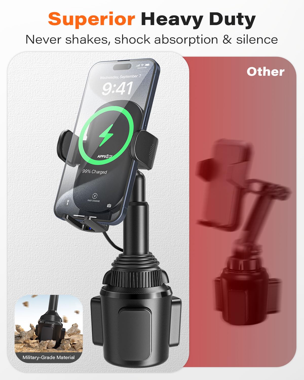 APPS2Car Solid Cup Holder Phone Mount for Car Wireless Charger 15W with Quick Extension Long Arm Fast Swivel Adjustable Height 360 Rotatable Low Profile for iPhone 15 Pro Max Plus 14 13 12 11 XS X