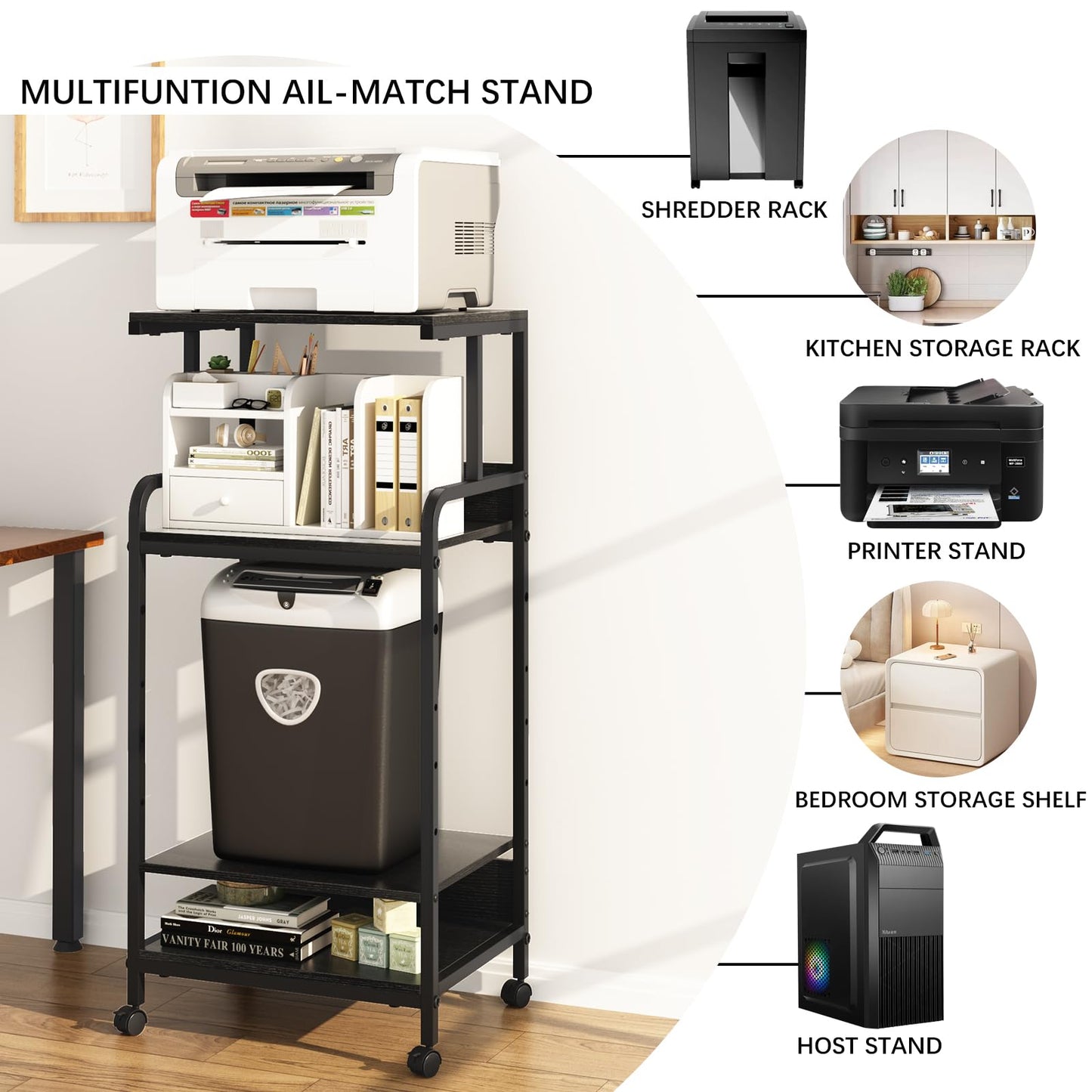 Arbuxzuy 4 Tier Stand with Storage Shelf, Tall Mobile Printer Table for Home Office, Adjustable Stands for Heat Press Scanner Fax (Black)
