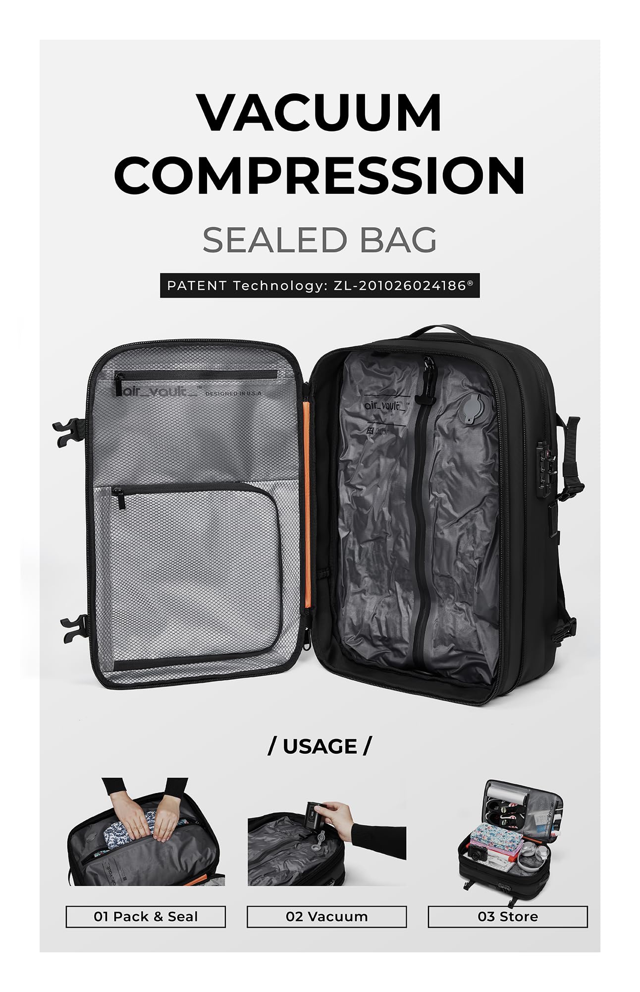 AirVault Vacuum Seal Travel Backpack 60L - Expandable Air Compression Vacuum System, Airback, Vacpack, Water-Resistant, Carry-On with TSA Lock Fits 19" Laptop, Backvac (Black)