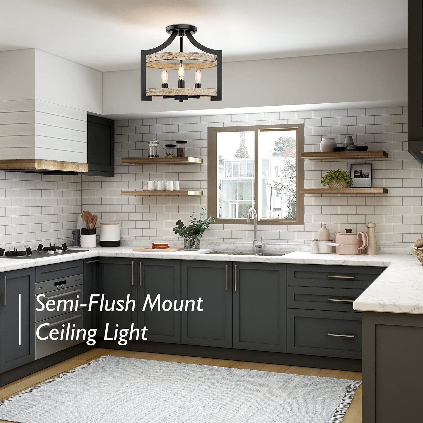 3-Light Rustic Farmhouse Pendant Hanging Light Adjustable Height Max 68in, 14.5” Convertible Vintage Semi Flush Mount Ceiling Light Fixture Black Metal Chandelier Wood Finish Kitchen Dining Room