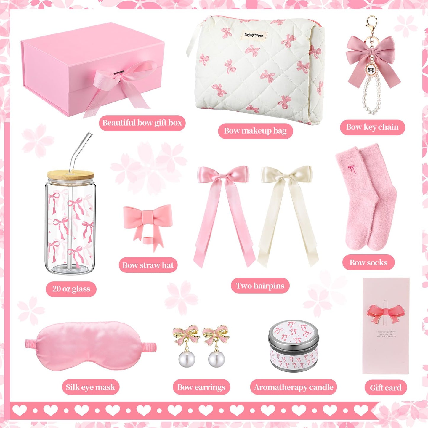 Skylety Pink Bow Gift Set Birthday Basket for Women Coquette Bow Teen Girl Happy Birthday Box Girl Gift for Her Friend Daughter Niece Women Sister Teenage