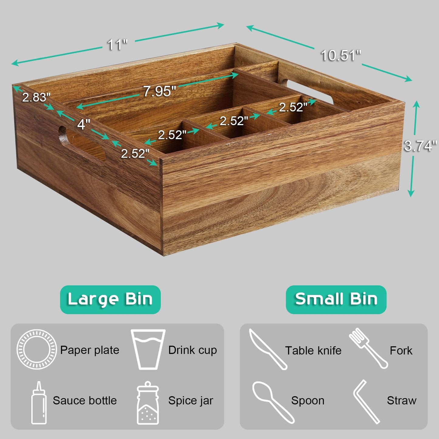 ALELION Acacia Wood Utensil Holder for Party - Paper Plate Organizer for Countertop - Silverware Caddy with 6 Compartments for Plate, Cup, Fork, Spoon - Cutlery Holder for Kitchen Camping Buffet