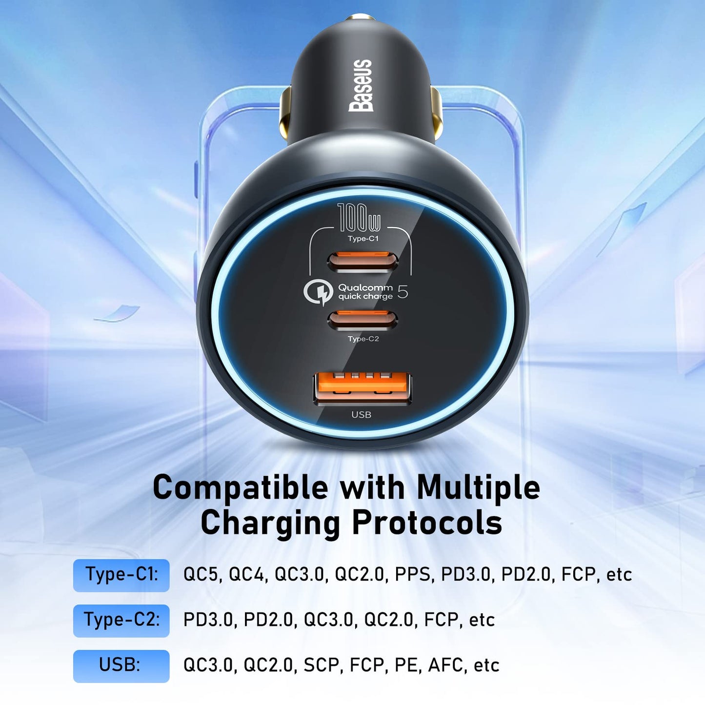 160W USB C Car Charger, Baseus Type C Car Charger, QC5.0 PD3.0 PPS 3 Ports Super Fast Charging Car Phone Charger Adapter for iPhone 15 14 13 Pro, Samsung S22 iPad MacBook Pro