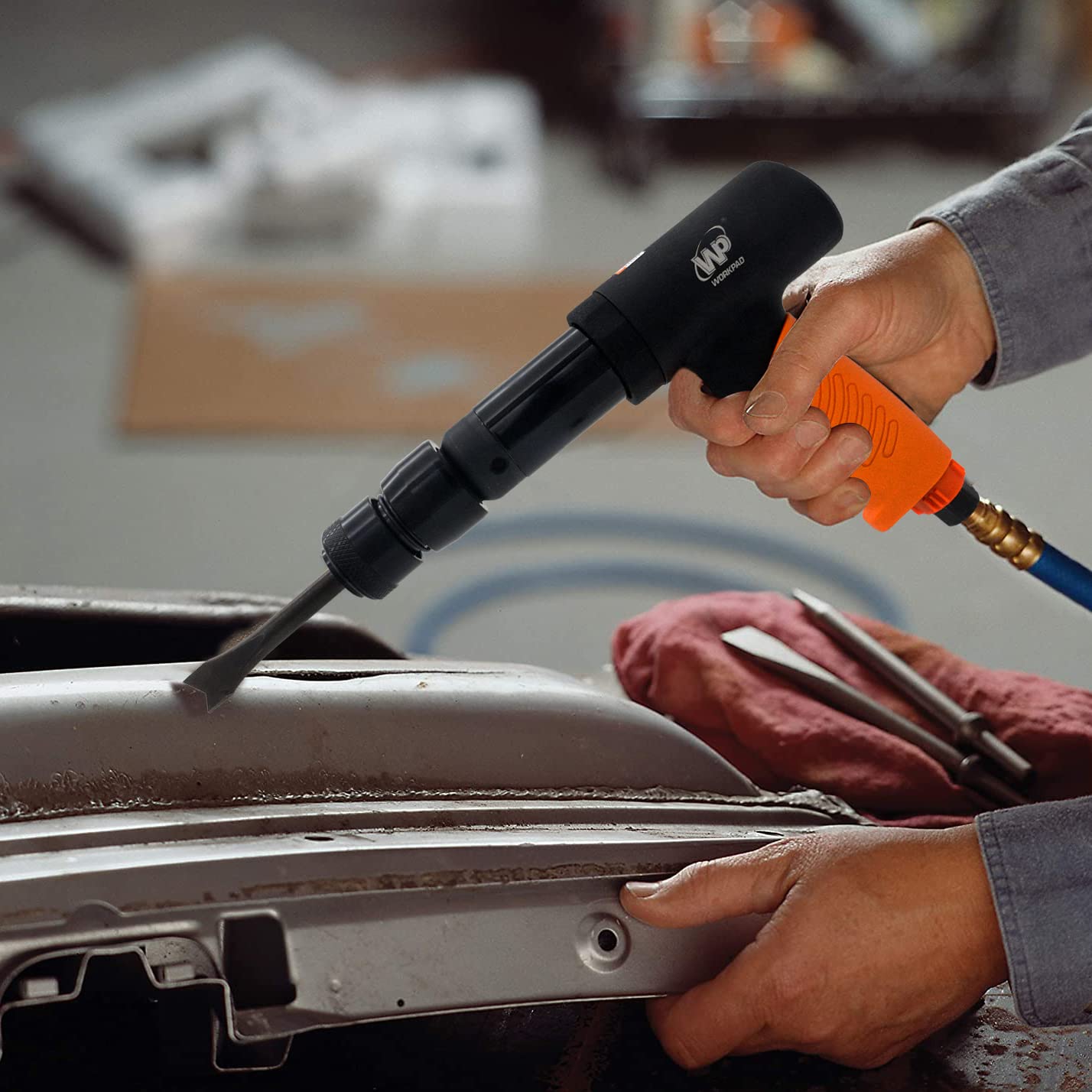 Air hammer,WP WORKPAD 270mm long barrel air chisel kit with 4pcs chisels with quick change retainer air chisel for shoveling and cutting