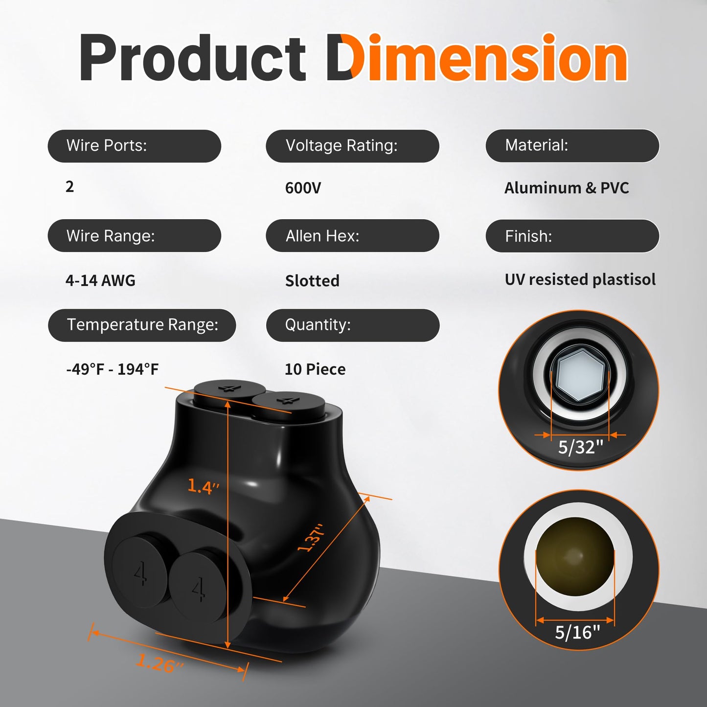 Joinfworld 2 Port Insulated Multi Tap Connector Aluminum to Copper Wire Connectors 4-14AWG Single Side Entry Aluminum Black Electrical Cable Connectors with Slotted Allen Hex - 10 Pack