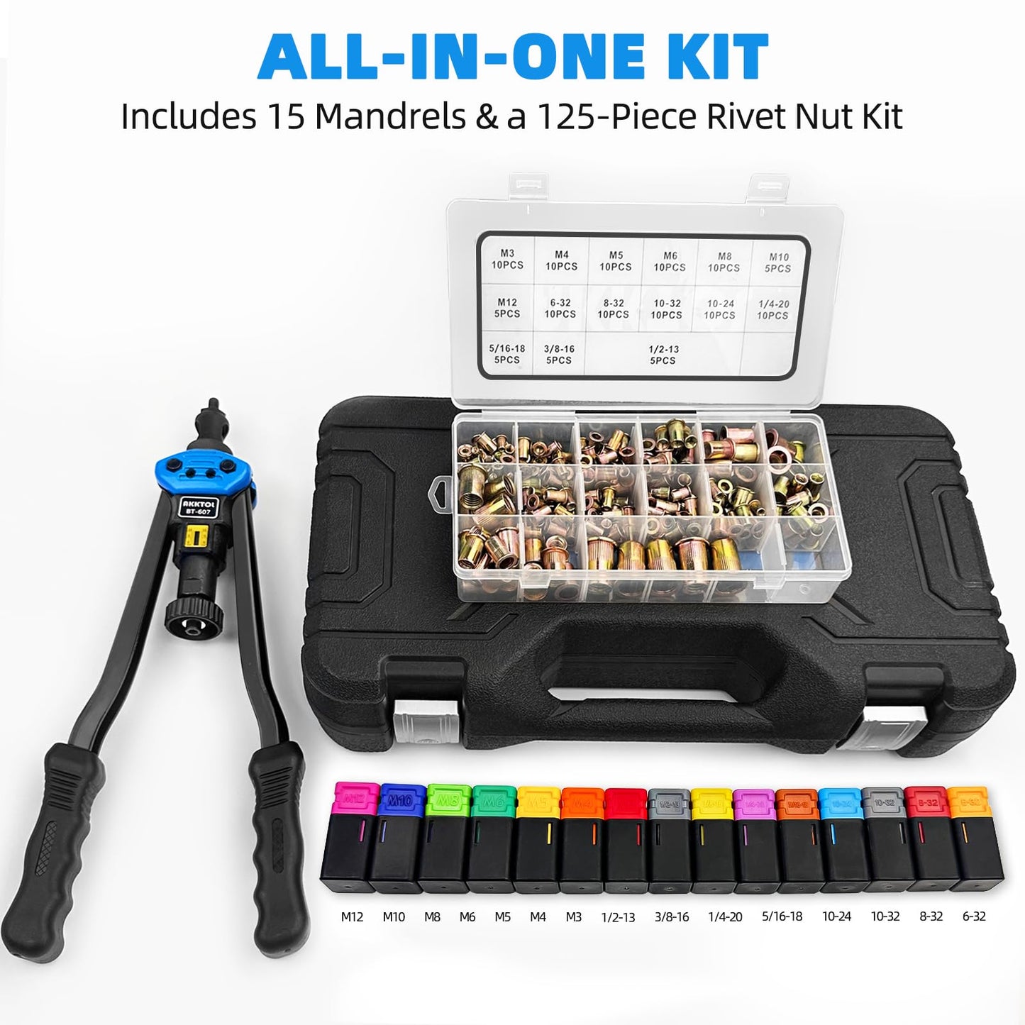 AKKTOL Rivet Nut Tool kit, 16" Rivnut Tool Kit with 15 Metric and SAE Mandrels, 125-PCS Rivet Nut Assortment Kit, Rugged Carrying Case, Ideal for Sheet Metal & Automotive Work