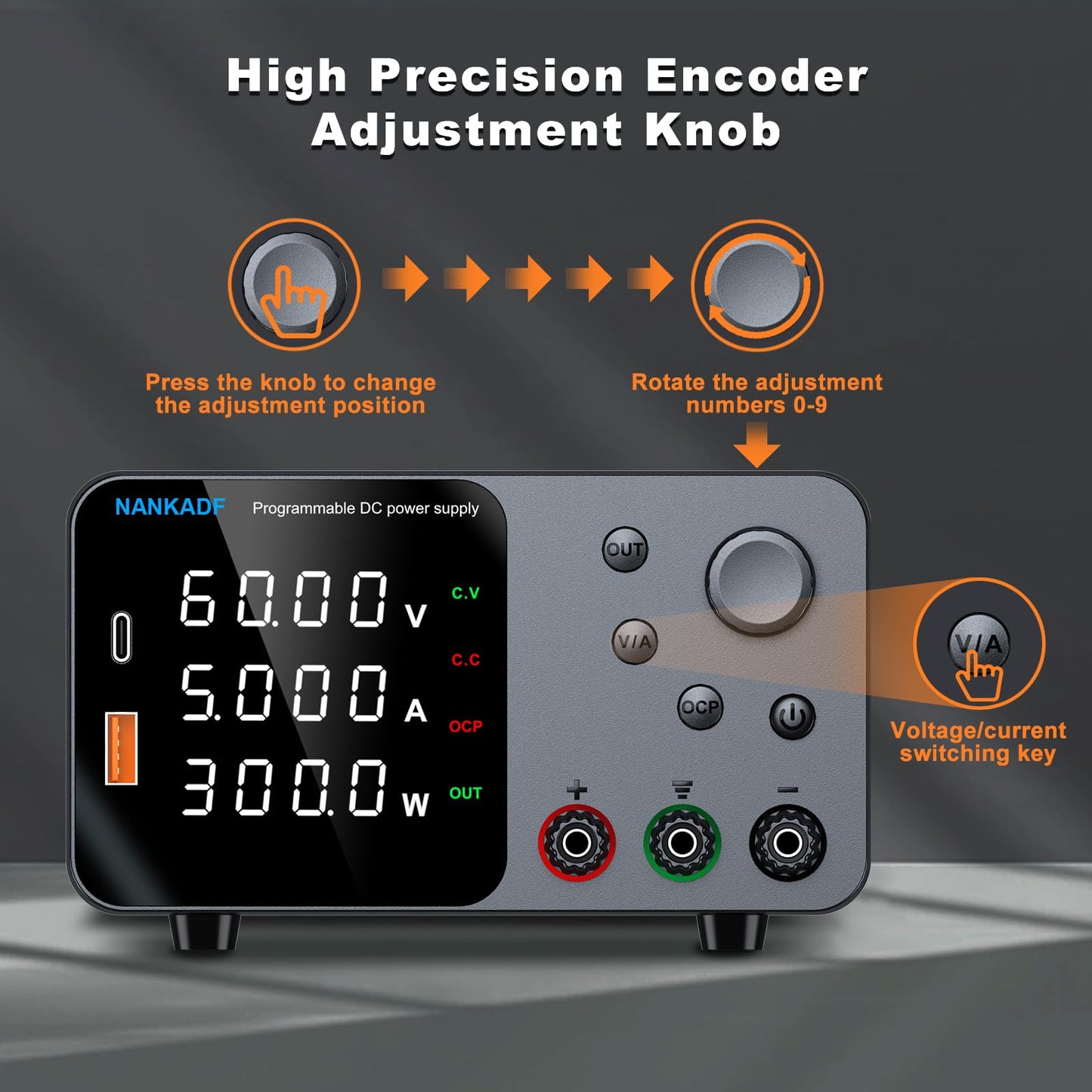 DC Power Supply, Bench Power Supply with Encoder Adjustment, 5V/3.6A USB&Type-C Quick-Charge, Adjustable Power Supply with Output Enable/Disable Button, Short Circuit Alarm