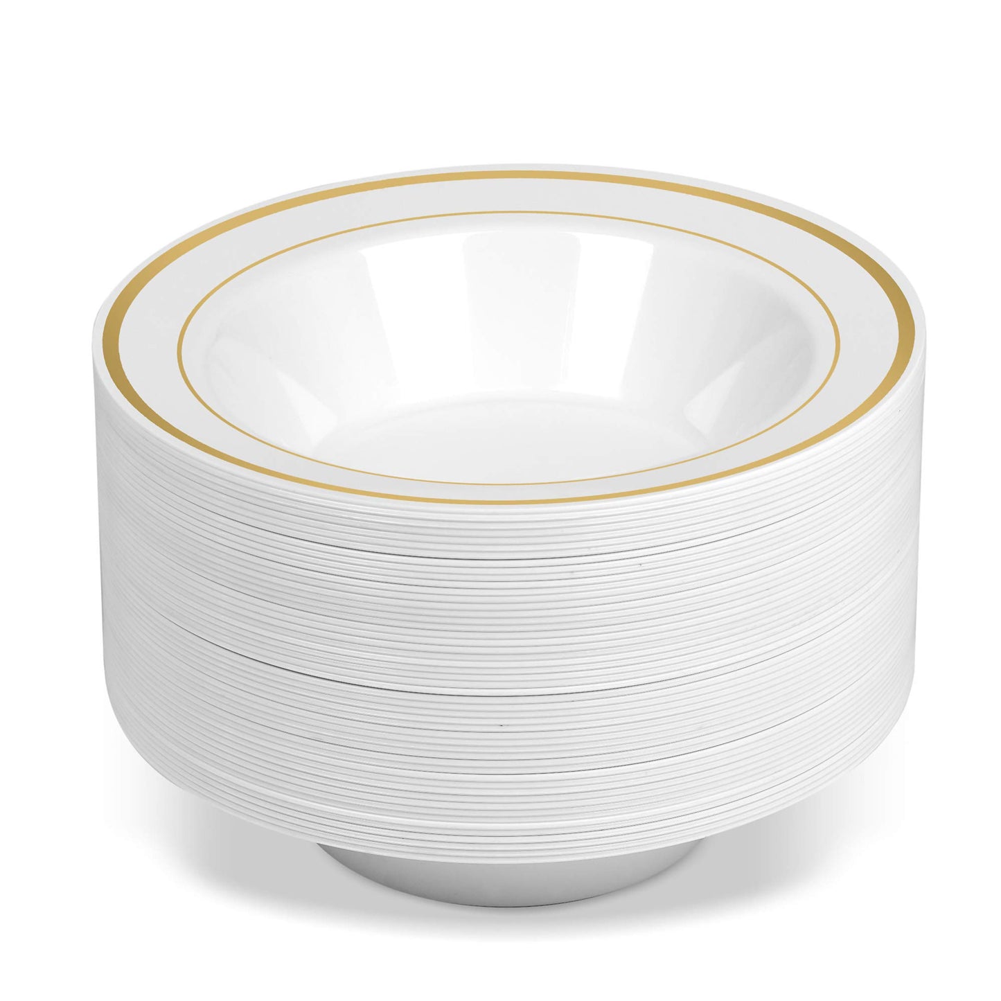 50 Disposable White Gold Trim Plastic Soup Bowls | 14 oz. Premium Heavy Duty Disposable Dinnerware with Real China Design | Safe & Reusable and Great for Parties or Weddings. (50-Pack) Gold