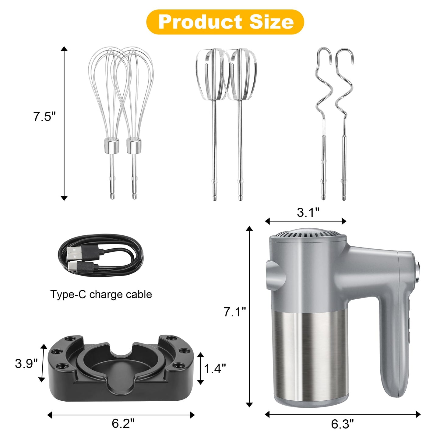 Cordless Electric Hand Mixer, 7 Speed Rechargeable Wireless Handheld Mixer with Eject Button, Long Battery, Quiet Anti-Splash, 6×304 Stainless Steel Attachments & Storage Base for Baking (Silver)