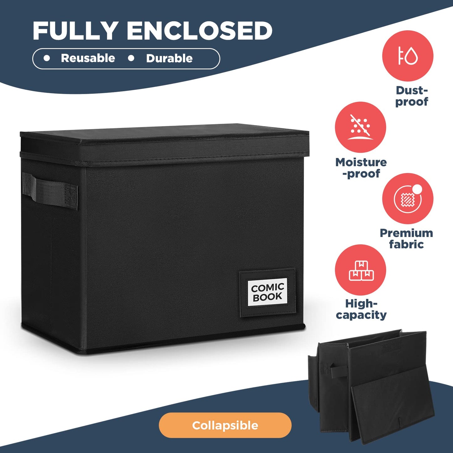 Lincia 8 Pack Comic Book Storage Boxes, 15.4" x 7.5" x 11.4" Book Box Organizer Collapsible with Handles, Stackable Short Bin to Holds 150-180 Comics for Home School Classroom, Black