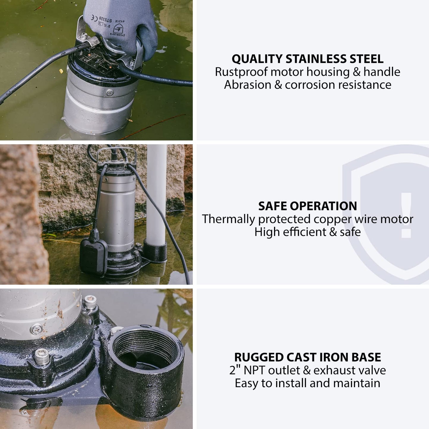 Aquastrong 1HP Sewage Sump Pump, Stainless Steel, 115V Automatic Float Switch, Cast Iron Impeller, Submersible Effluent/Sewage Pump for Sump Basin, Basement, 2'' NPT Discharge with 5283GPH
