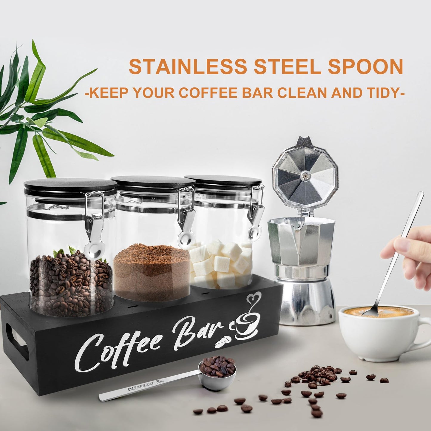 MACIFECI Glass Coffee Containers with Shelf Coffee Station Organizer 54oz Black Glass Coffees Bean Storage Canister with Spoon Coffee Canister Set Kitchen Food Storage Jars for Coffee/Sugar/Candy