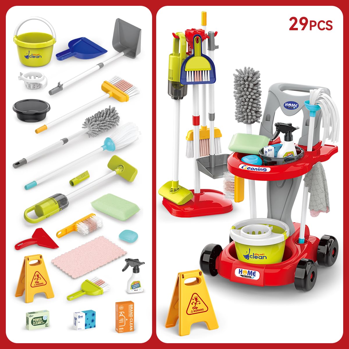 Toddler Cleaning Set,Kids Cleaning Toy Set,New 29-Piece Detachable Kids Cleaning Set for Toddlers - Pretend Play Educational Cleaning Carts (red)